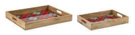 BreeBe - Plaid Wooden Tray (Set of 2) - Brown, Red