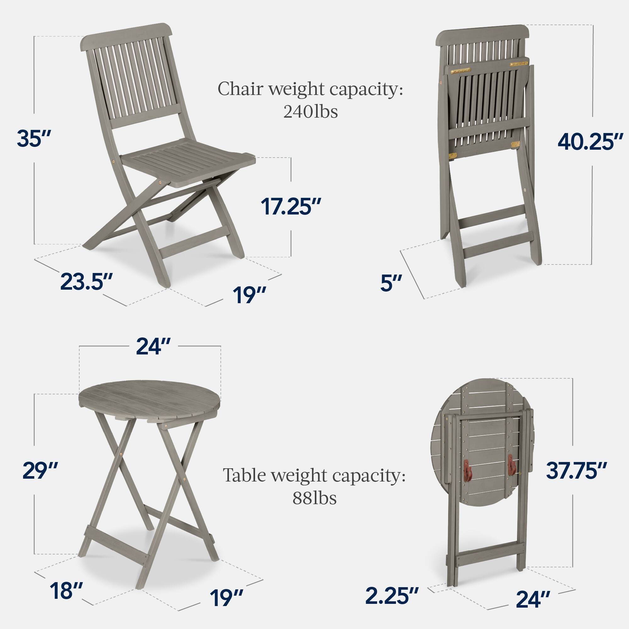 Chair weight capacity: 240lbs  
35"  
40.25"  
17.25"  
23.5"  
19"  
5"  

Table weight capacity: 88lbs  
37.75"  
24"  
29"  
18"  
19"  
2.25"