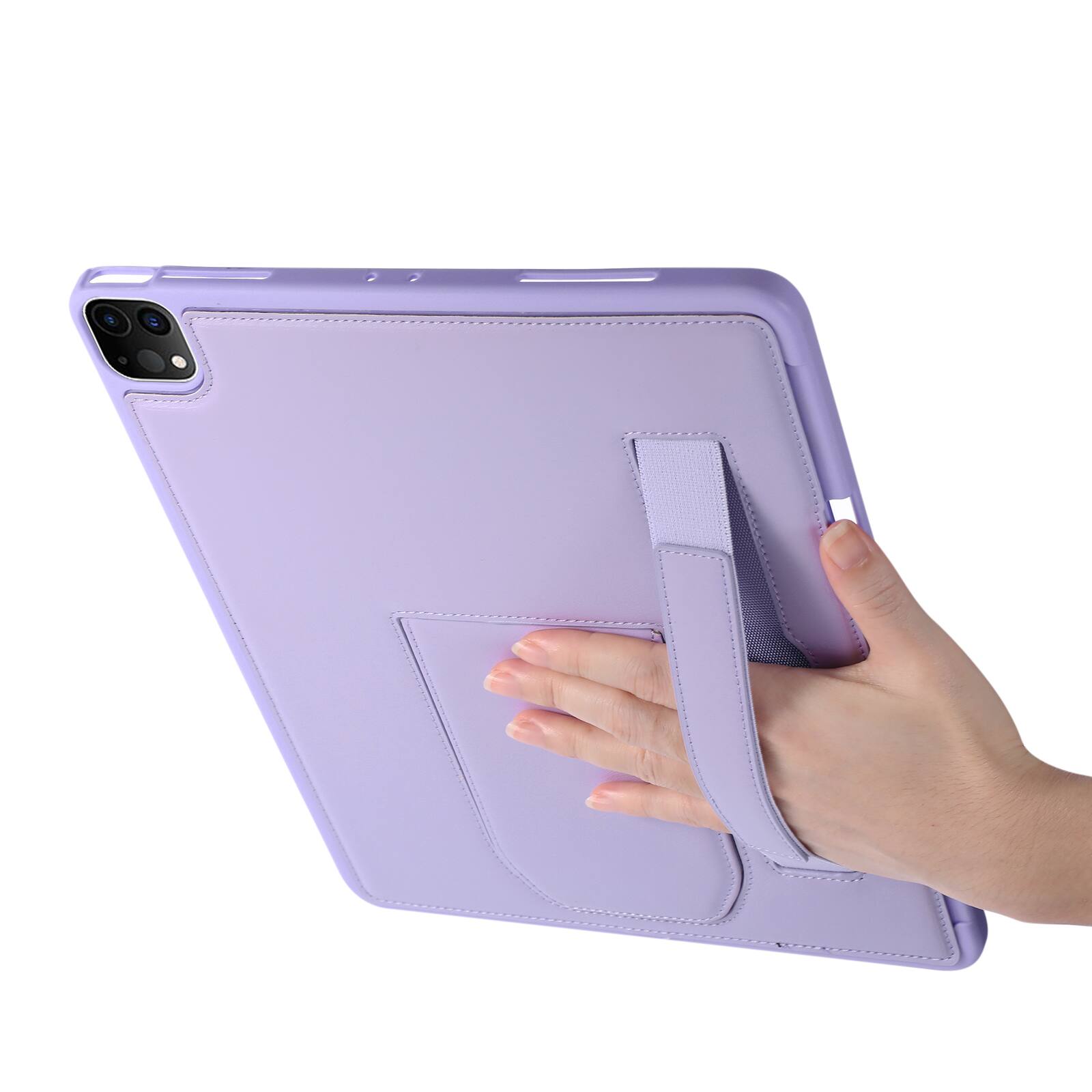 Left. Dteck - Shockproof Case for Apple iPad Air (M4) 13" 2026 with Hand Strap and Foldable Kickstand, PU Leather TPU Protective Cover - Purple.