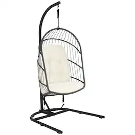 Gymax - Hanging Hammock Egg Chair Patio Rattan Swing Chair w/ Stand & Cushions - Beige