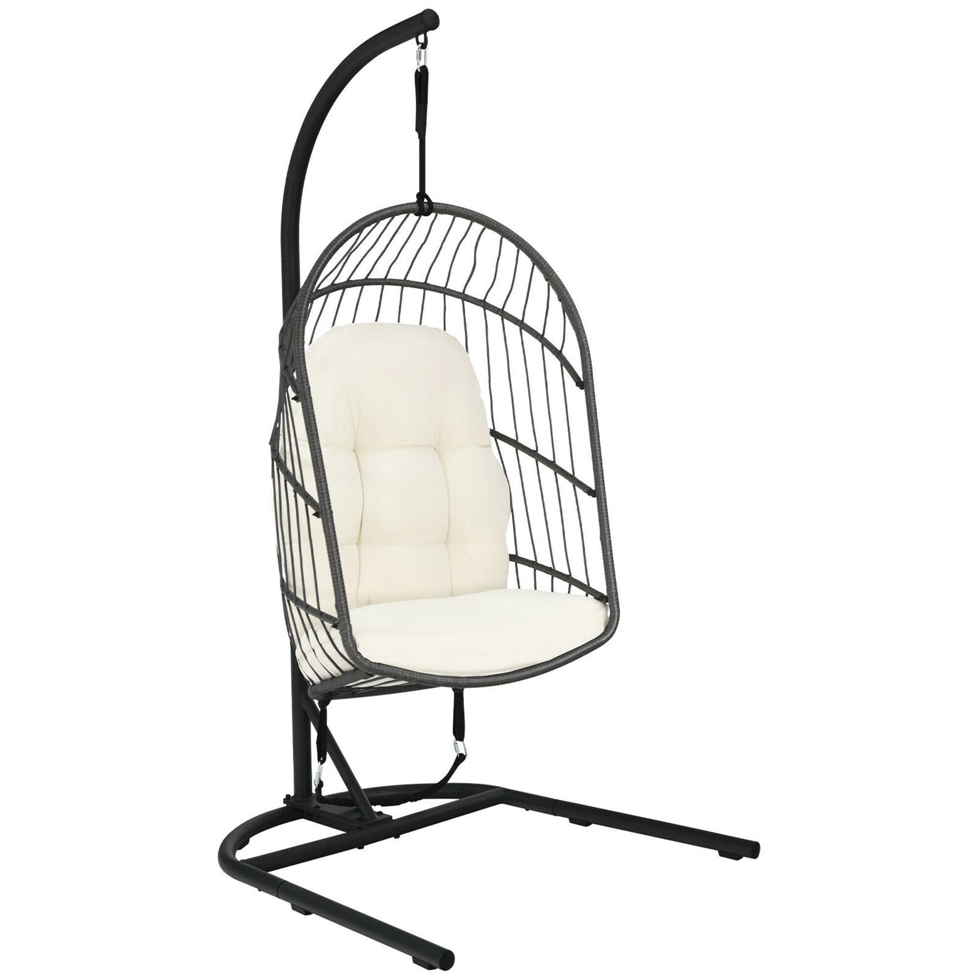 Front. Gymax - Gymax Hanging Hammock Egg Chair Patio Rattan Swing Chair w/ Stand & Beige Cushions - Beige.