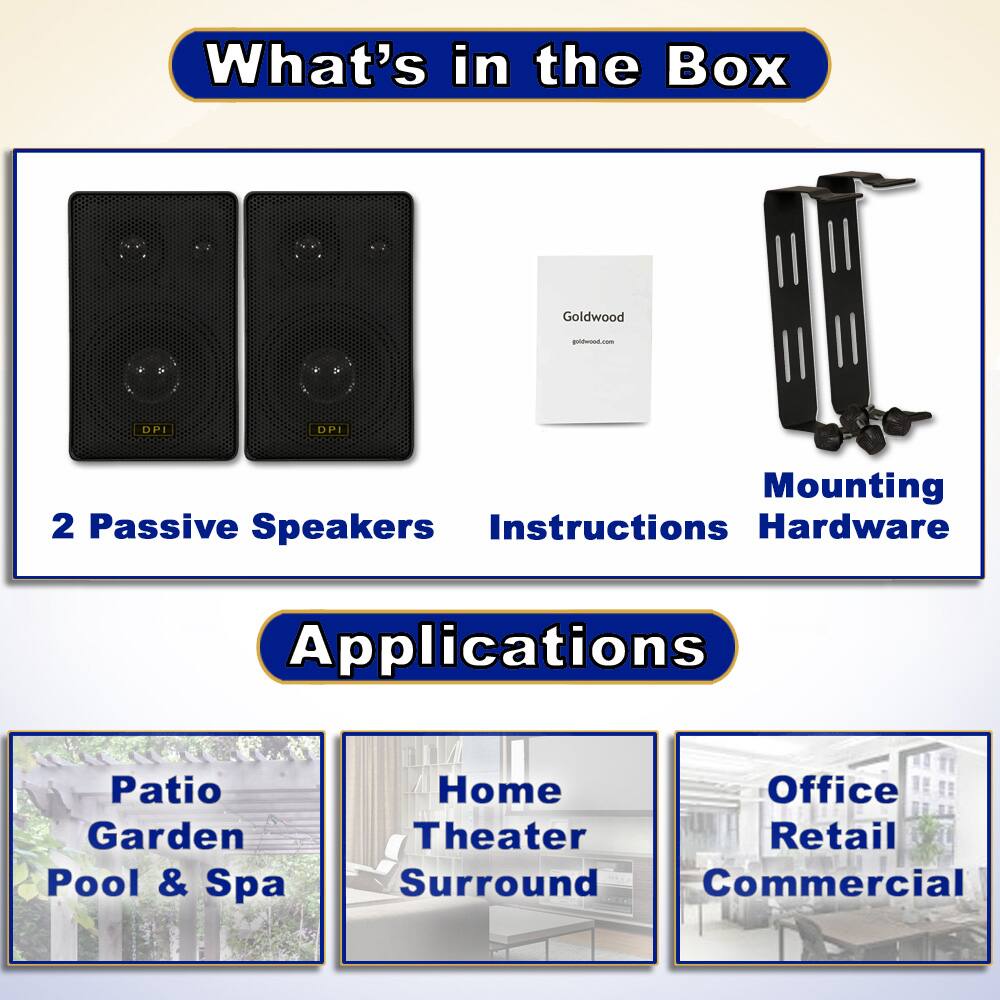 What's in the Box

- 2 Passive Speakers
- Instructions
- Mounting Hardware

Applications

- Patio Garden Pool & Spa
- Home Theater Surround
- Office Retail Commercial