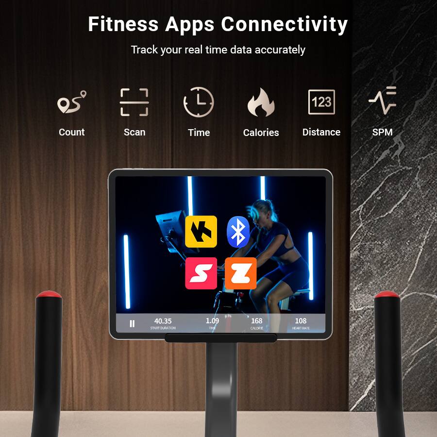 Fitness Apps Connectivity  
Track your real time data accurately  

Count Scan Time Calories Distance SPM  

40.35 START DURATION 1.09 TIME 168 CALORIE 108 HEART RATE