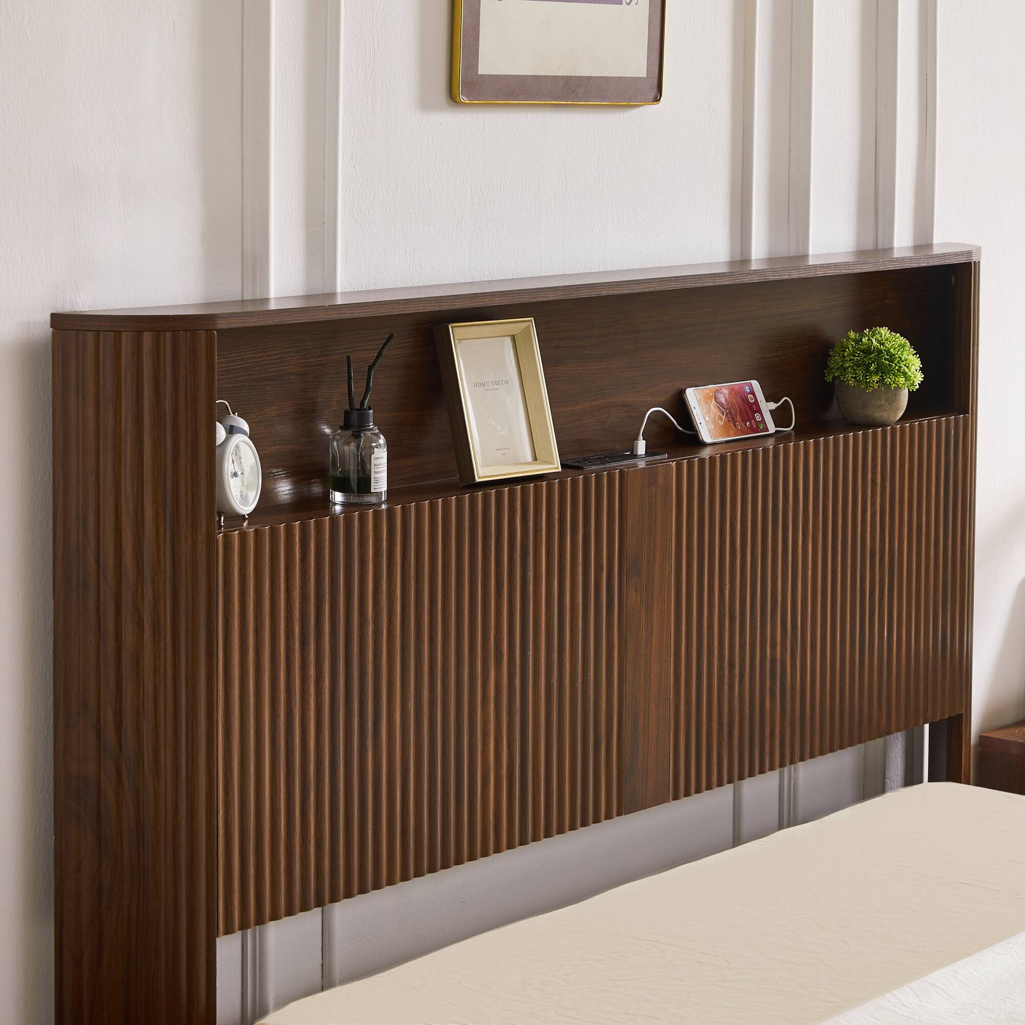 Alt View 6. GOODSILO - Queen Size Storage Bed Frame with Charging Station and Wavy Curved Headboard Design in Natural Finish - Walnut.