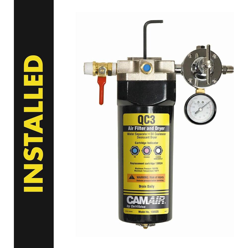 INSTALLED QC3 Air Filter and Dryer  
Water Separator | Oil Coalescer | Desiccant Dryer | Cartridge Indicator  
DE AE La INDAIE Replacement cartridge 130524  
Maximum Pressure 138 PSIG  
Maximum Temperature 150°F  
WARNING: Risk of Injury. Release pressure before servicing. Drain Daily.  
CAMAIR by DeVilbiss  
Model No. 130525