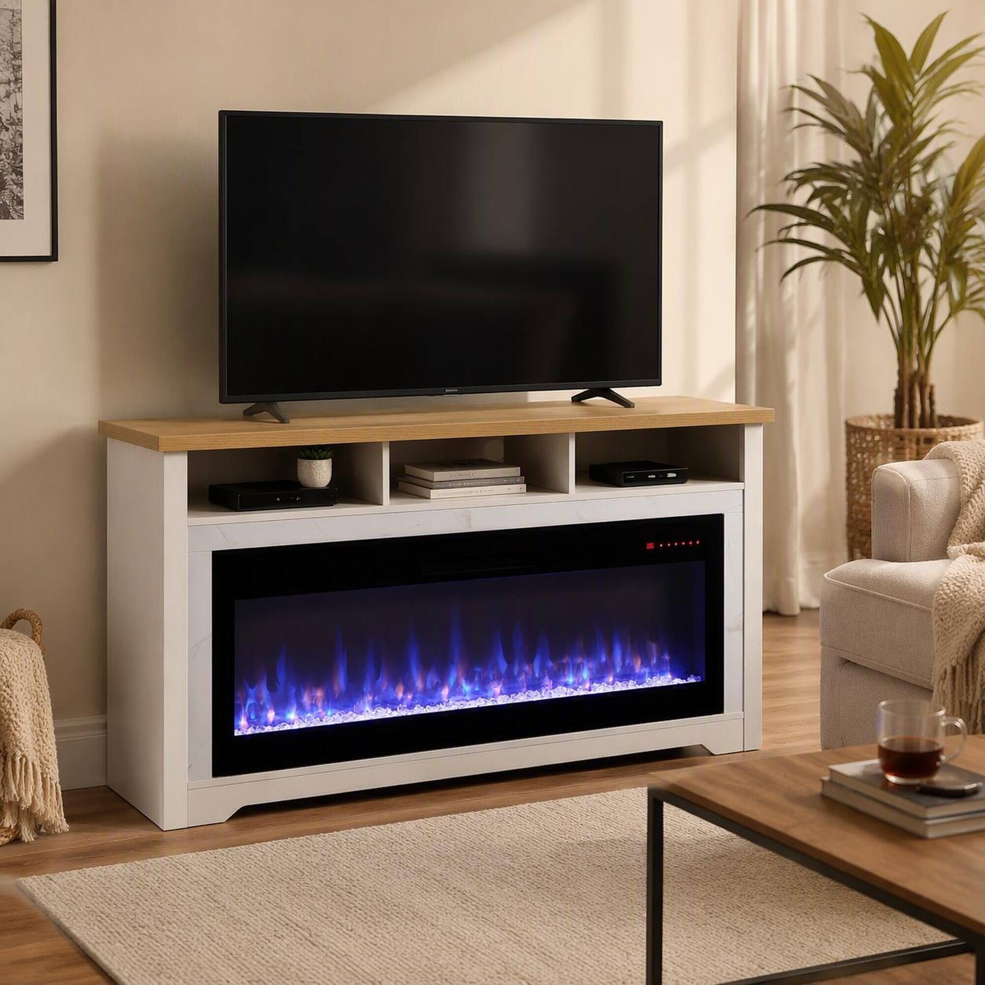 Left. RYHNUYNE - 70 Inch White Fireplace TV Stand With 60 Inch Smart Electric Fireplace, Fits Up To 70 Inch TVs For Living Room - Cream White.