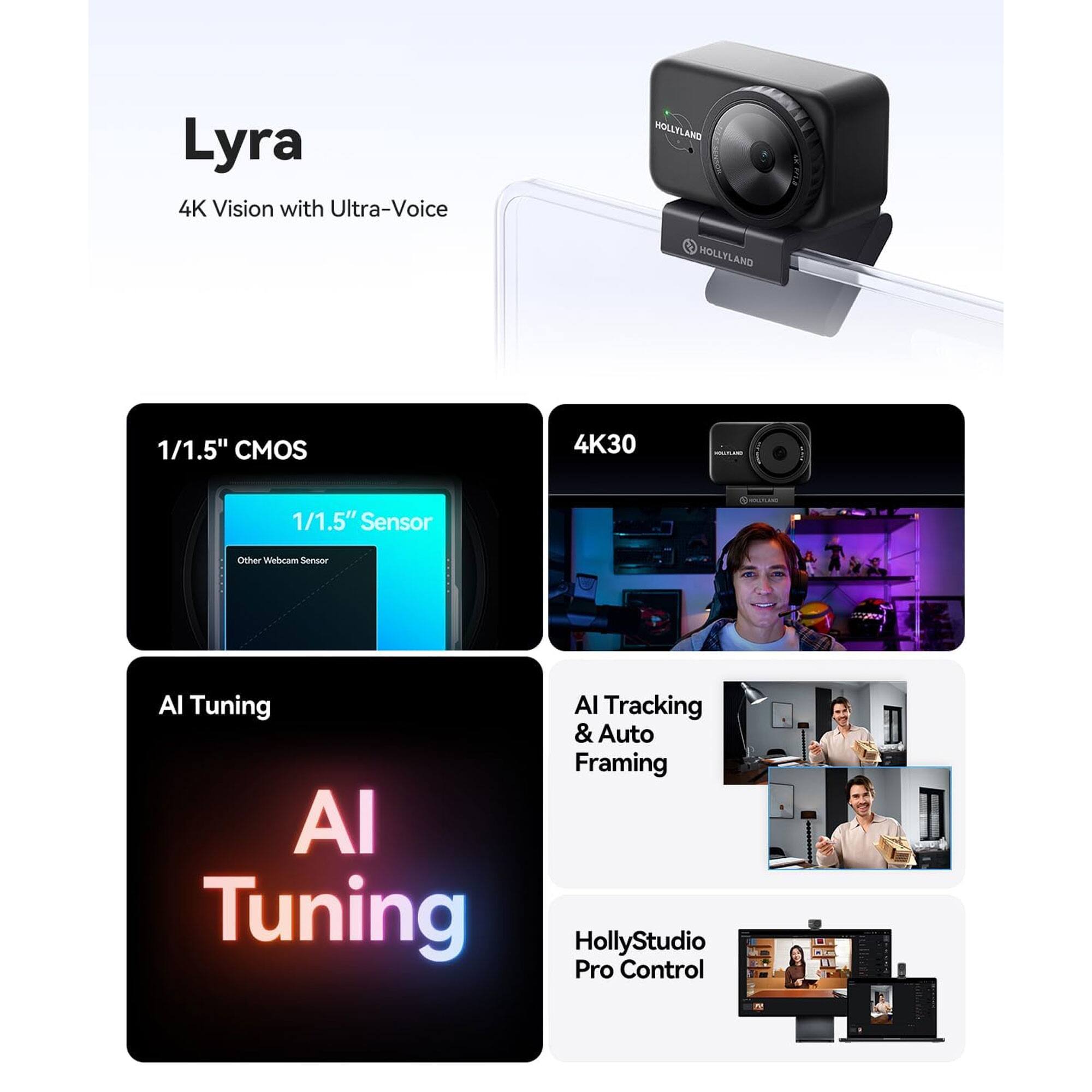 Lyra 4K Vision with Ultra-Voice  
HOLLYLAND  
1/1.5" CMOS  
4K30  
1/1.5" Sensor  
Other Webcam Sensor  
AI Tuning  
AI Tracking & Auto Framing  
HollyStudio Pro Control