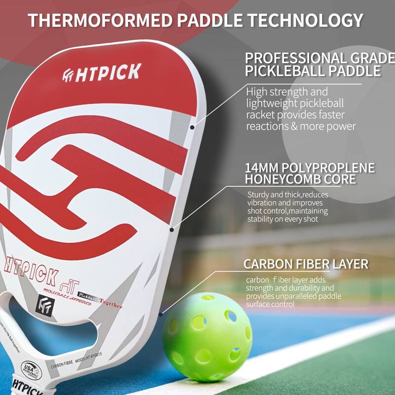 **THERMOFORMED PADDLE TECHNOLOGY**

**PROFESSIONAL GRADE PICKLEBALL PADDLE**

- High strength and lightweight pickleball racket provides faster reactions & more power

- **14MM POLYPROPYLENE HONEYCOMB CORE**
  - Sturdy and thick, reduces vibration and improves shot control, maintaining stability on every shot

- **CARBON FIBER LAYER**
  - Carbon fiber layer adds strength and durability and provides unparalleled paddle surface control

**HTPICK**  
*PROTECTIVE APPROVED*  
*USA*  
*CARBON FIBER MODEL: RY0015*