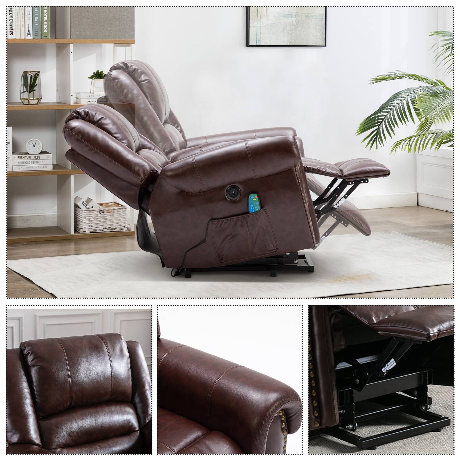 The image features a brown leather chair with a footrest, which is designed to provide comfort and relaxation. The chair is placed in a living room setting, with a potted plant nearby. The chair is shown in various stages, including a close-up view of the footrest, a side view, and a top view. The image also includes a picture of the chair with the footrest removed, showcasing the chair's design and craftsmanship.
