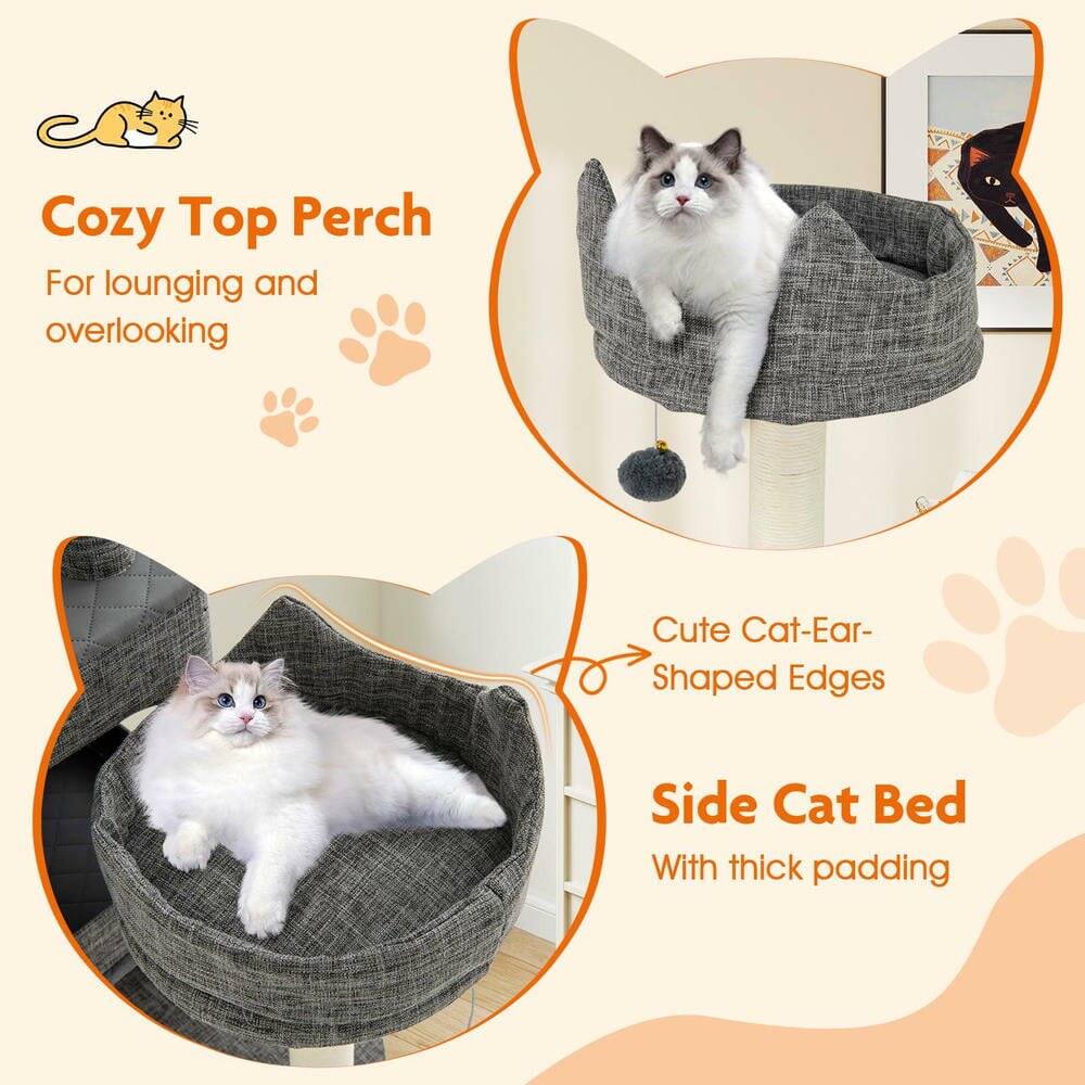 Cozy Top Perch  
For lounging and overlooking  

Cute Cat-Ear-Shaped Edges  

Side Cat Bed  
With thick padding
