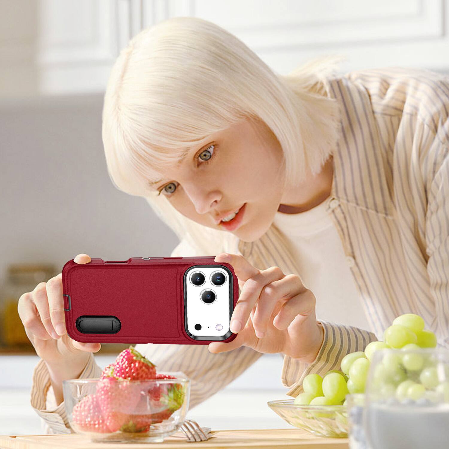 Back. Dteck - Rugged Case for Apple iPhone 18 Pro Max with Stand, Shockproof Multi Layer Cover, Raised Edge Guard for Screen Camera - Red + Black.