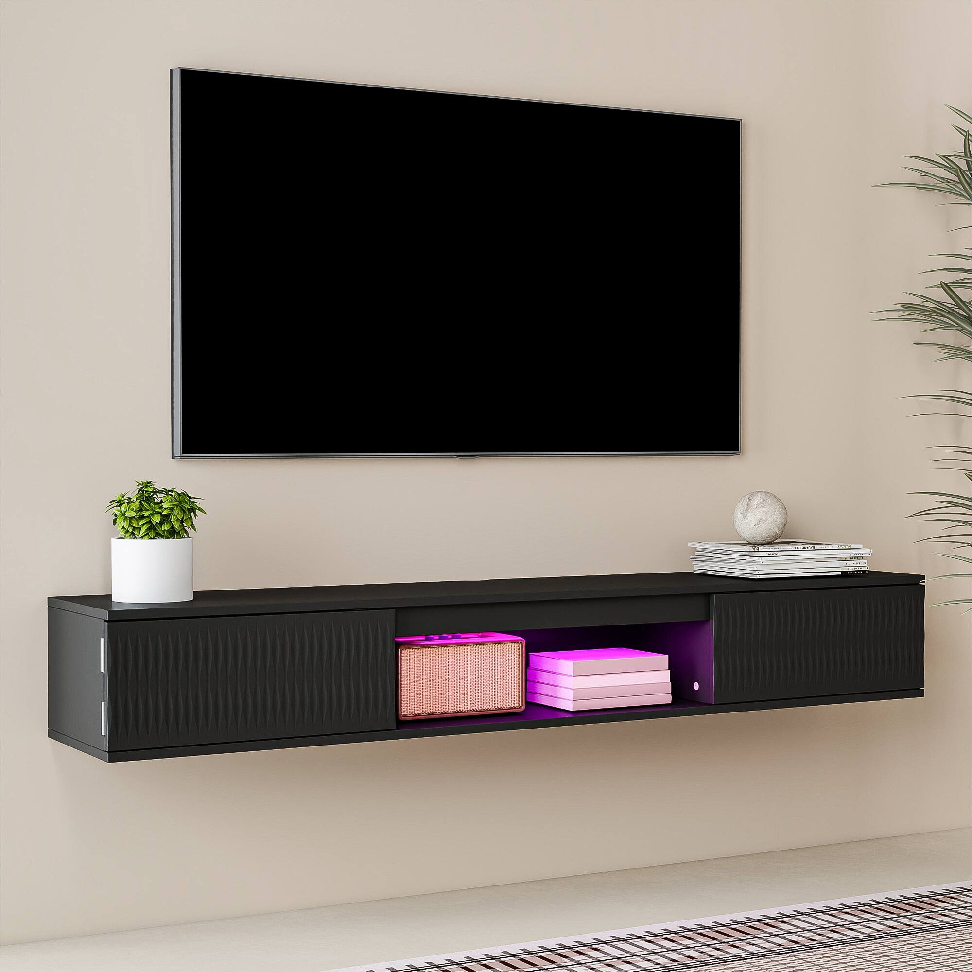 Alt View 1. Kadyn - Wall-Mounted Floating TV Stand with LED Lighting and Twisted Texture Design - Black.