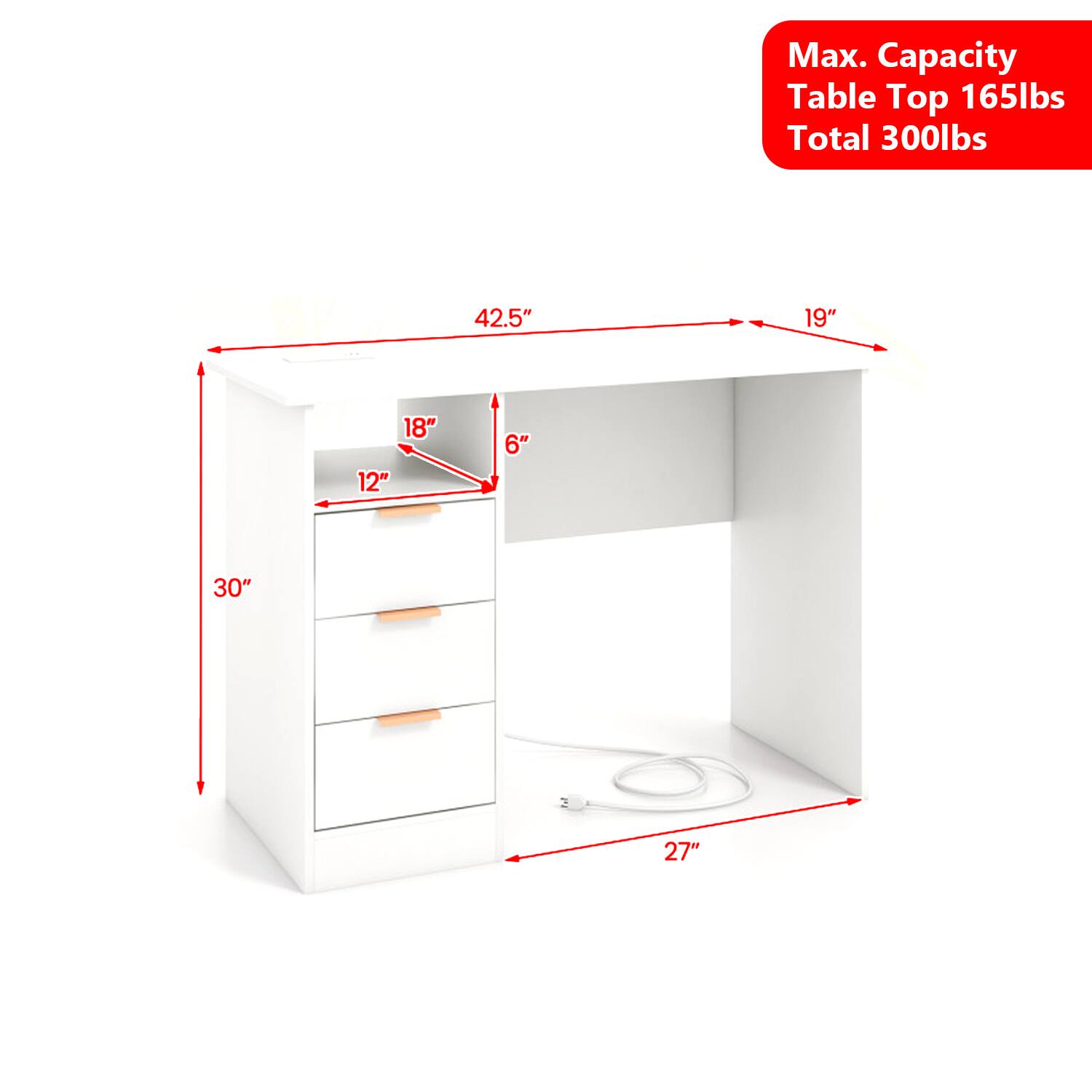 Max. Capacity  
Table Top 165lbs  
Total 300lbs  

42.5"  
19"  
18"  
12"  
6"  
30"  
27"
