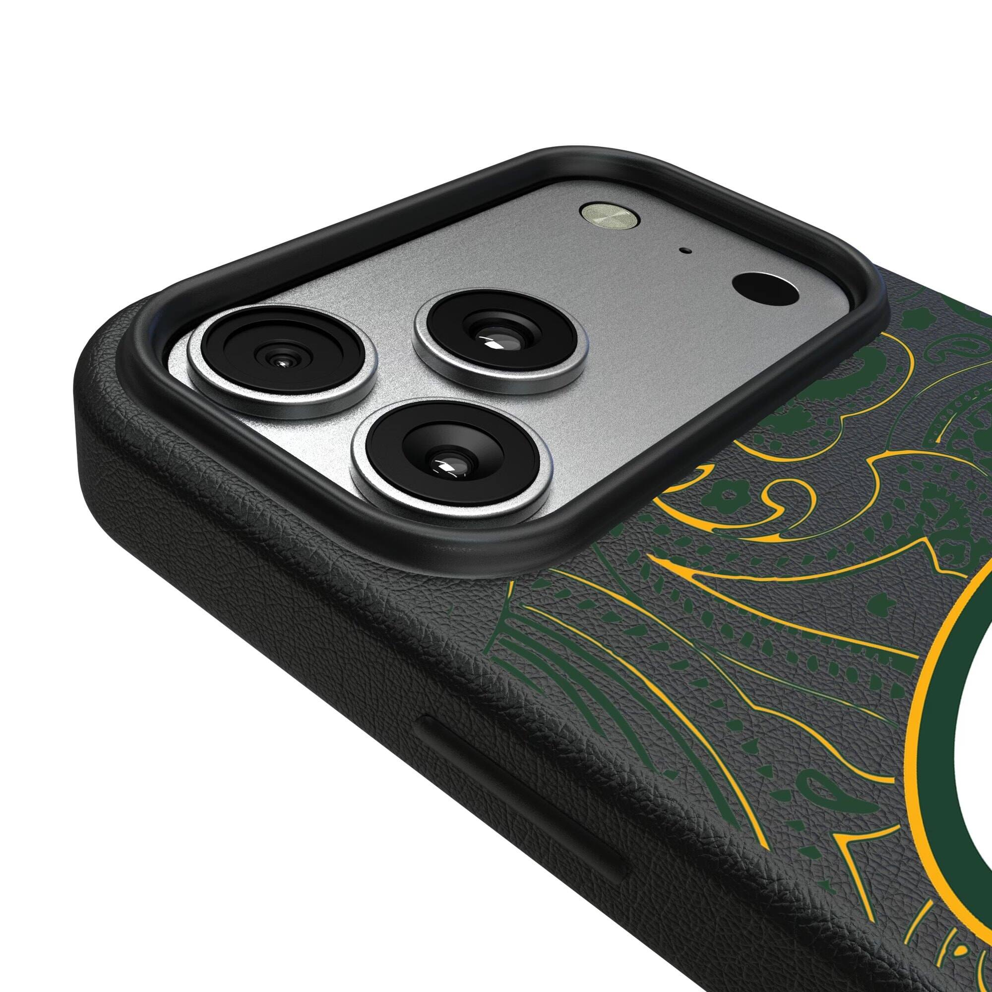 Alt View 2. Keyscaper - Green Bay Packers Paisley iPhone Magnetic Bump Case - 15 Pro - Black.