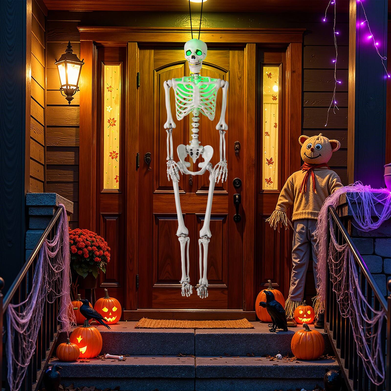 Alt View 3. Costway - Costway 5.5FT Poseable Halloween Skeleton Life-Size Decoration with Built-in Lights - White,Green.