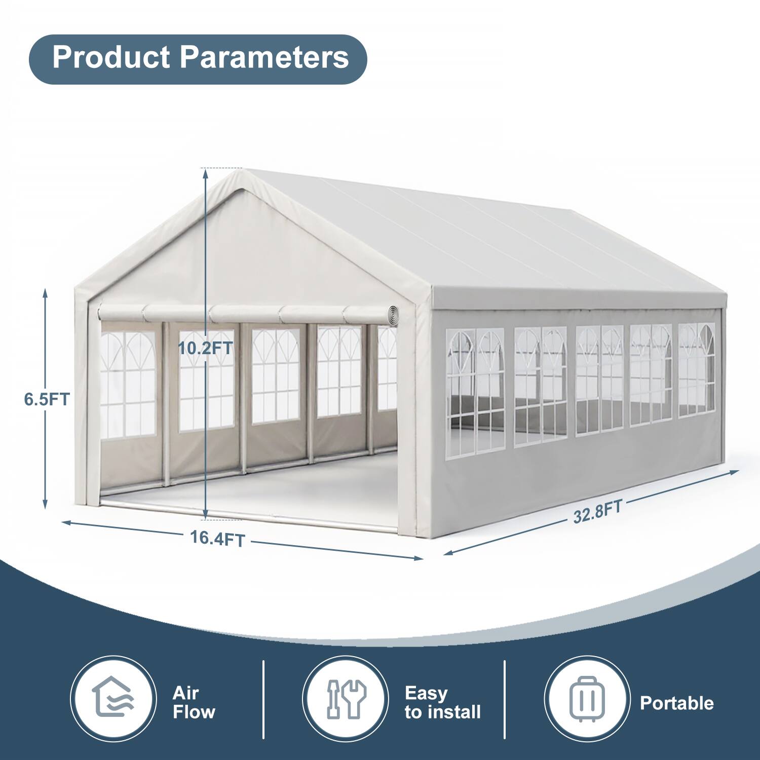 Product Parameters

- 10.2FT
- 6.5FT
- 16.4FT
- 32.8FT

Air Flow
Easy to install
Portable