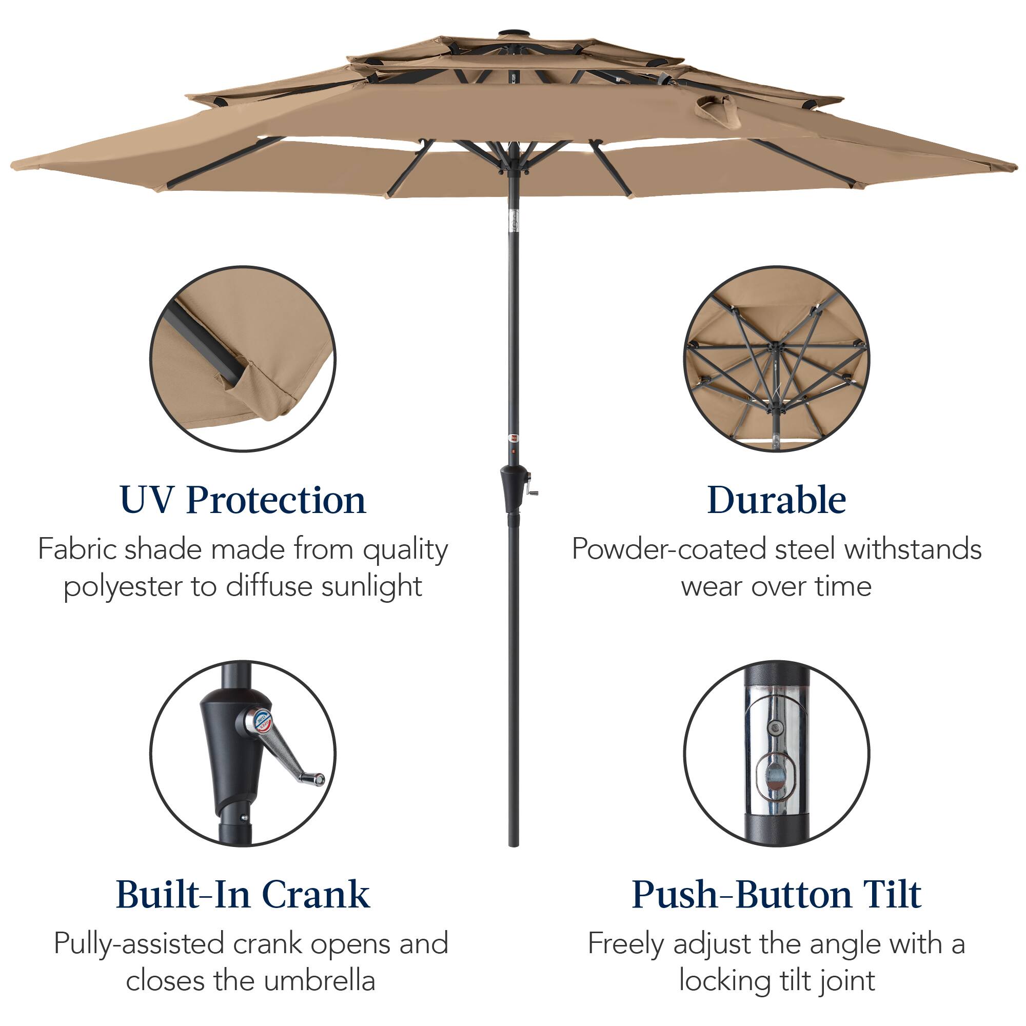 UV Protection Fabric shade made from quality polyester to diffuse sunlight. Durable Powder-coated steel withstands wear over time. Built-In Crank: Pulley-assisted crank opens and closes the umbrella. Push-Button Tilt: Freely adjust the angle with a locking tilt joint.