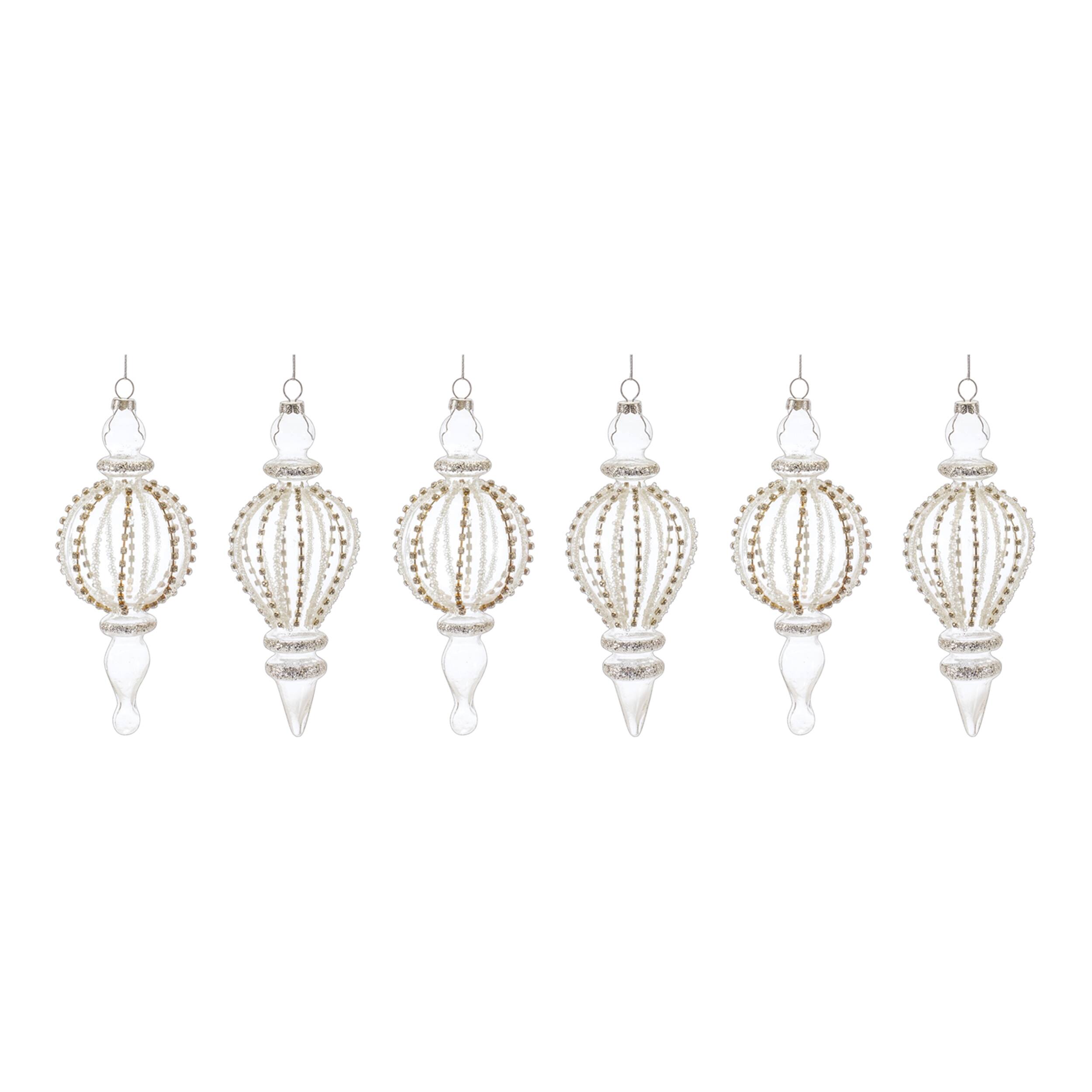 Left. BreeBe - Jeweled Glass Finial Drop Ornament (Set of 6) - White, Silver.
