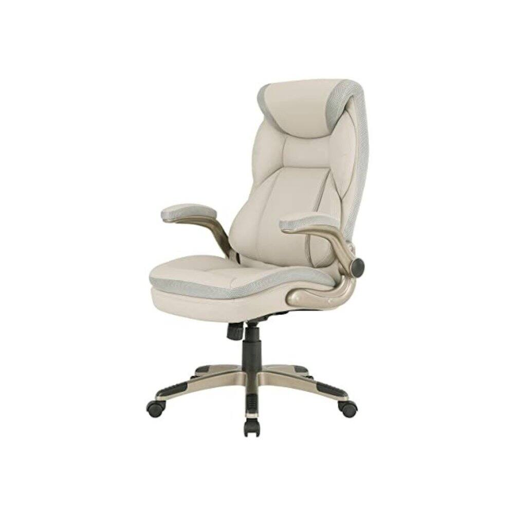 Angle. FurniFact - Taupe Bonded Leather Executive Chair With Cocoa Coated Base and Wheels - Taupe / Cocoa.