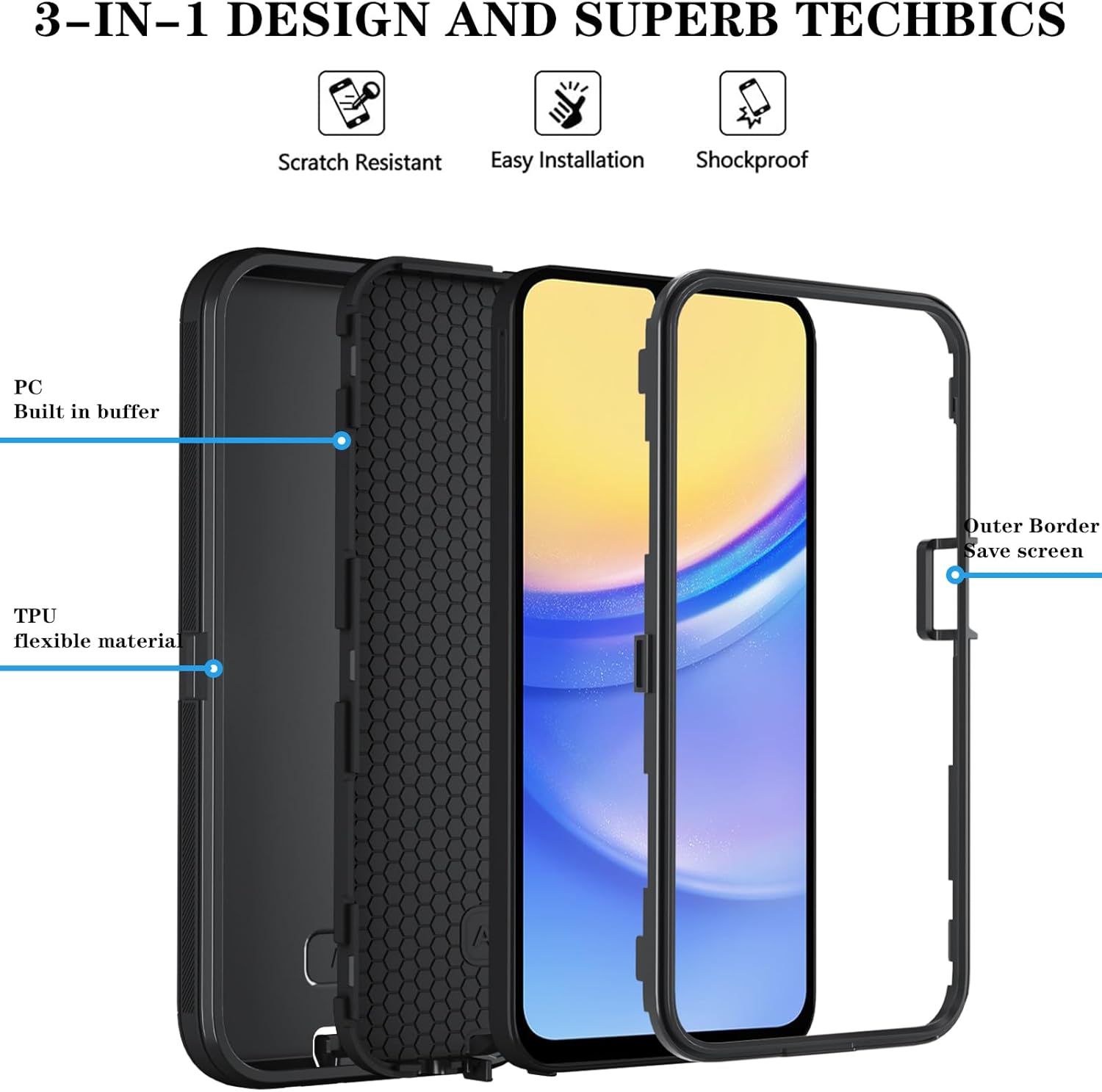 3-IN-1 DESIGN AND SUPERB TECHBICS

Scratch Resistant
Easy Installation
Shockproof
PC Built in buffer
Duter Border Save screen
TPU flexible material