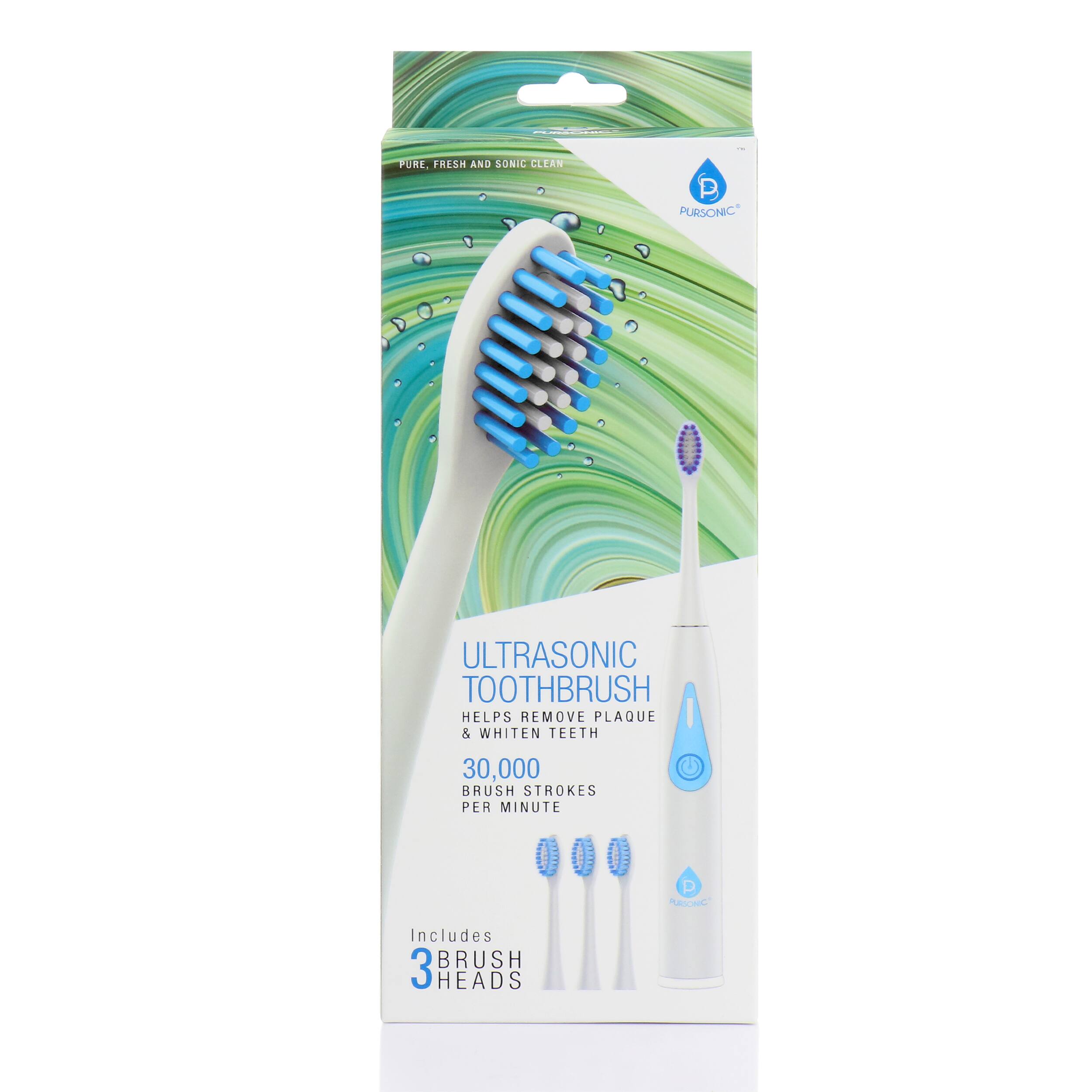 PURSONIC ULTRASONIC TOOTHBRUSH HELPS REMOVE PLAQUE & WHITEN TEETH 30,000 BRUSH STROKES PER MINUTE Includes 3 BRUSH HEADS