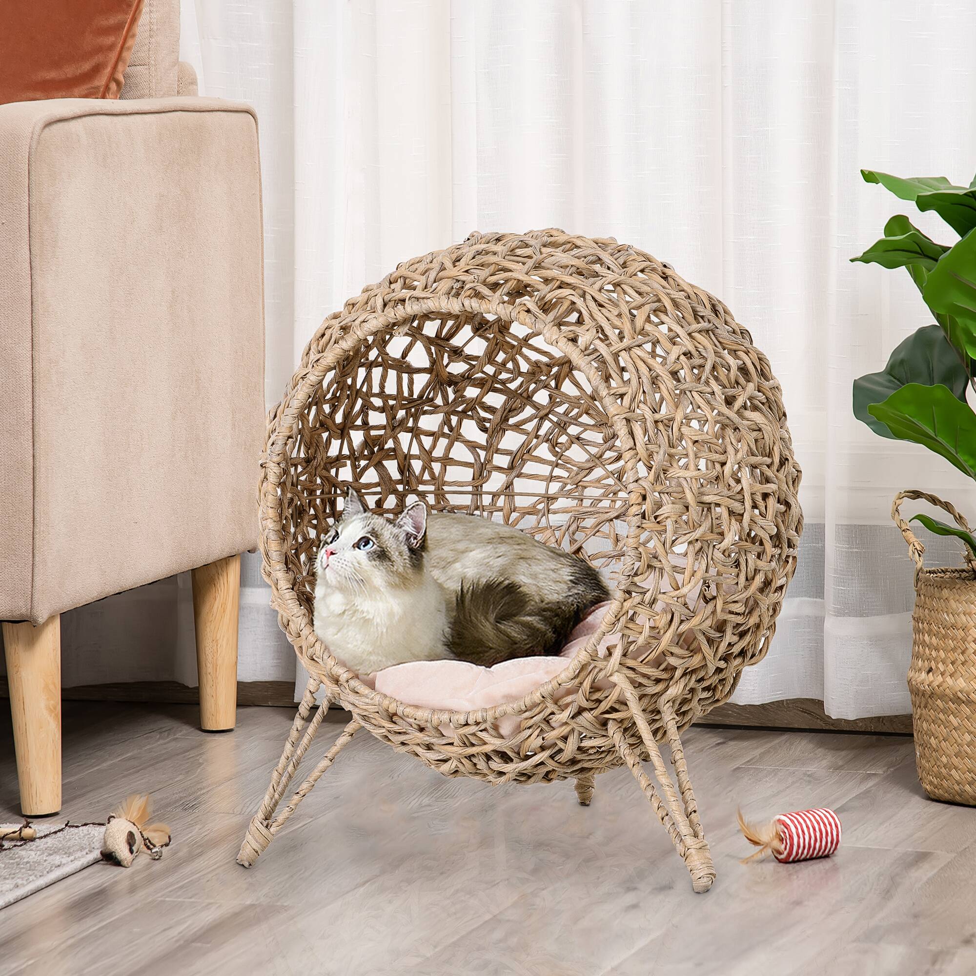 Alt View 4. Siljoy - 20.5" Hand‑Woven Banana Leaf Cat Bed, Elevated Egg Chair with Cushion & Tripod Base, Beige - Beige.