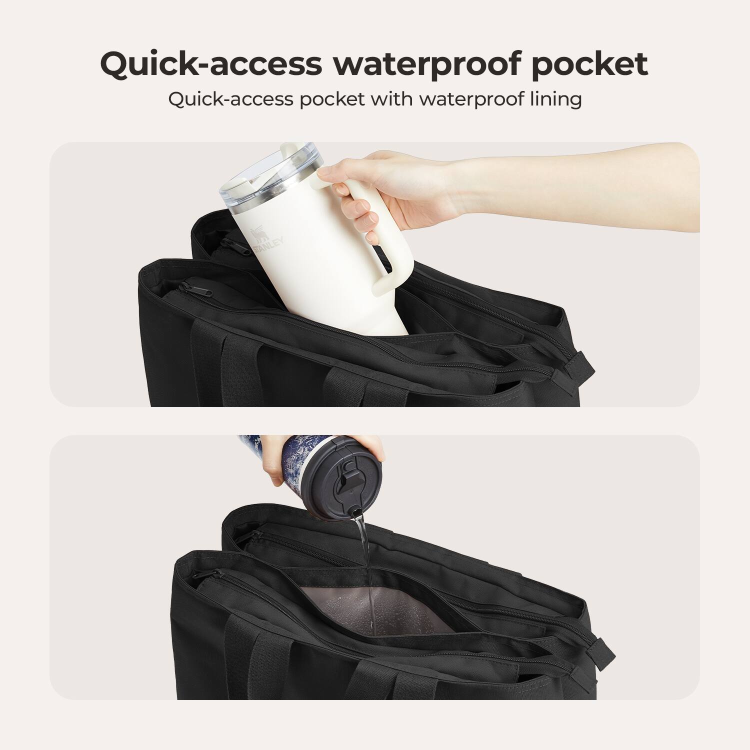 Quick-access waterproof pocket  
Quick-access pocket with waterproof lining