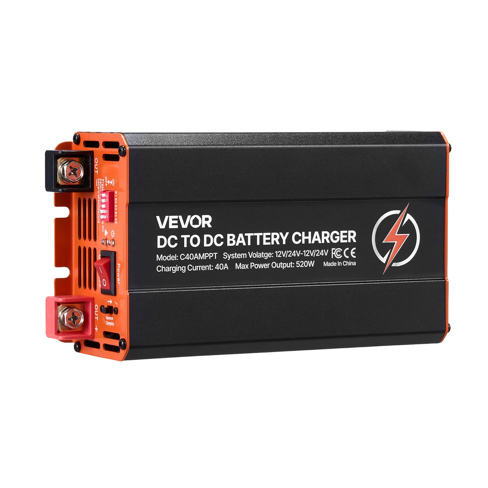 OUT CLASA OCE 12 Medifications - 019202 04.00 0 Power -) OUT Cloping Resne

VEVOR DC TO DC BATTERY CHARGER
Model: C40AMPPT
System Voltage: 12V/24V-12V/24V
FCCE
Max Power Output: 520W
Made In China
Charging Current: 40A