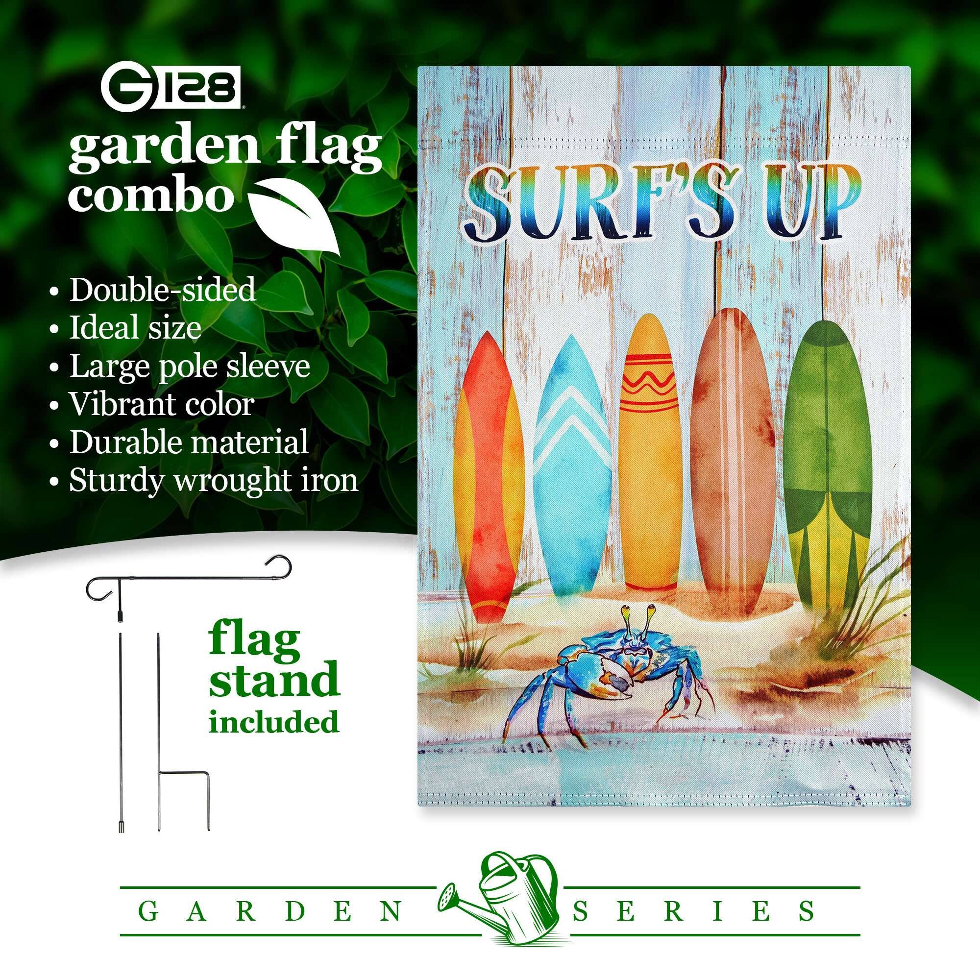 GLEB garden flag combo SURF'S UP Double-sided Ideal size Large pole sleeve Vibrant color Durable material Sturdy wrought iron flag stand included GARDEN SERIES