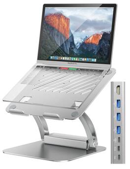 HongFei - Laptop Stand with Detachable USB-C Hub, 100W PD Charging, 4K HDMI, 3 USB Ports, Ergonomic Holder for 10-17" - Silver