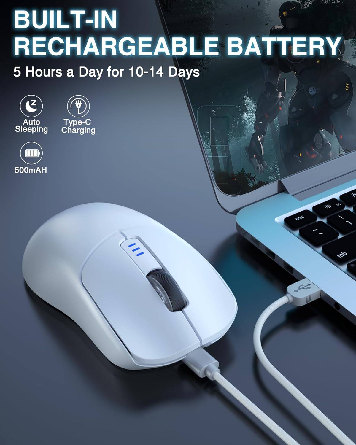 BUILT-IN RECHARGEABLE BATTERY  
5 Hours a Day for 10-14 Days  

- Auto Sleeping  
- Type-C Charging  
- 500mAH