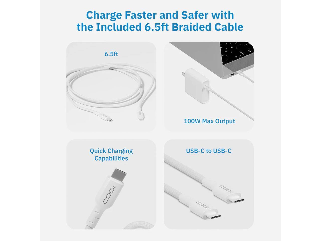 Charge Faster and Safer with the Included 6.5ft Braided Cable

- 6.5ft
- 100W Max Output
- Quick Charging Capabilities
- USB-C to USB-C