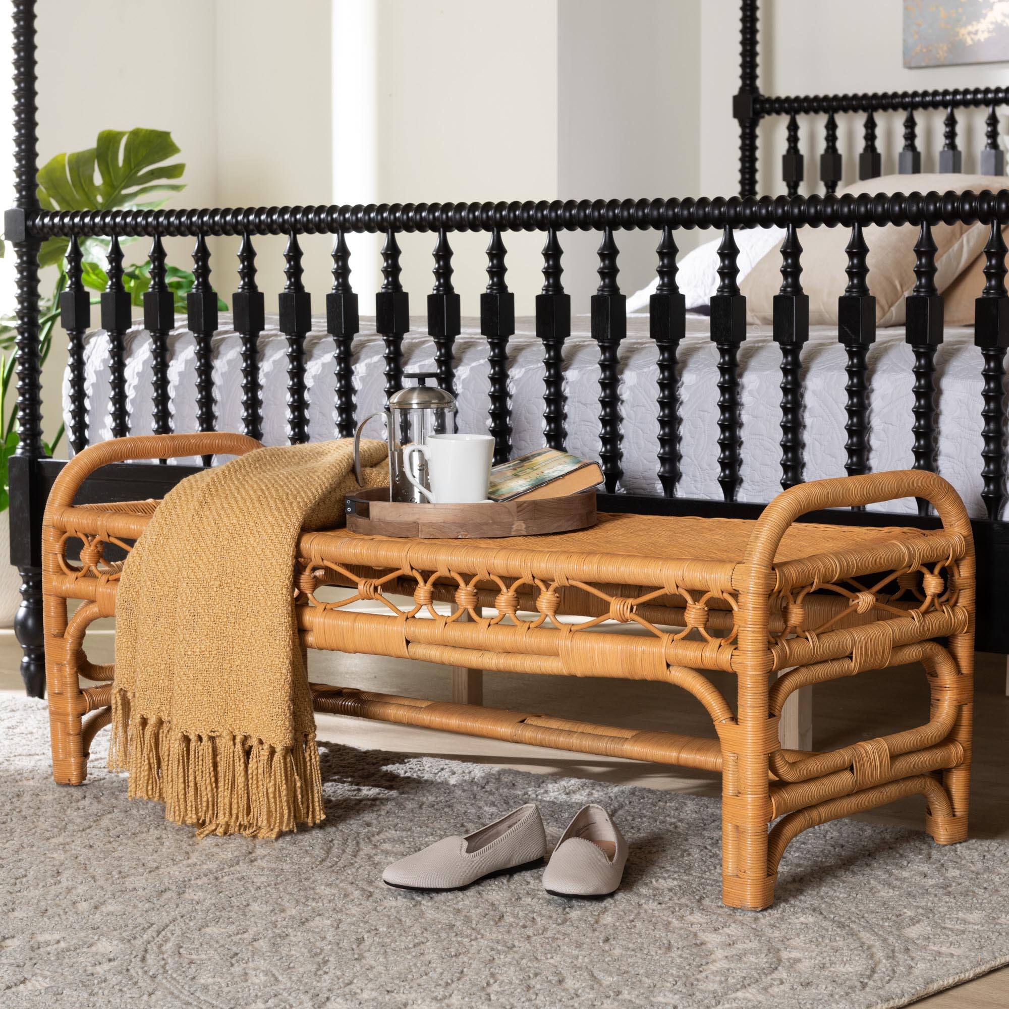 Alt View 3. bali & pari - Ayala Natural Rattan Accent Bench - Handwoven Wicker Accent Seating with Decorative Apron and Integrated Handles - Light Honey.