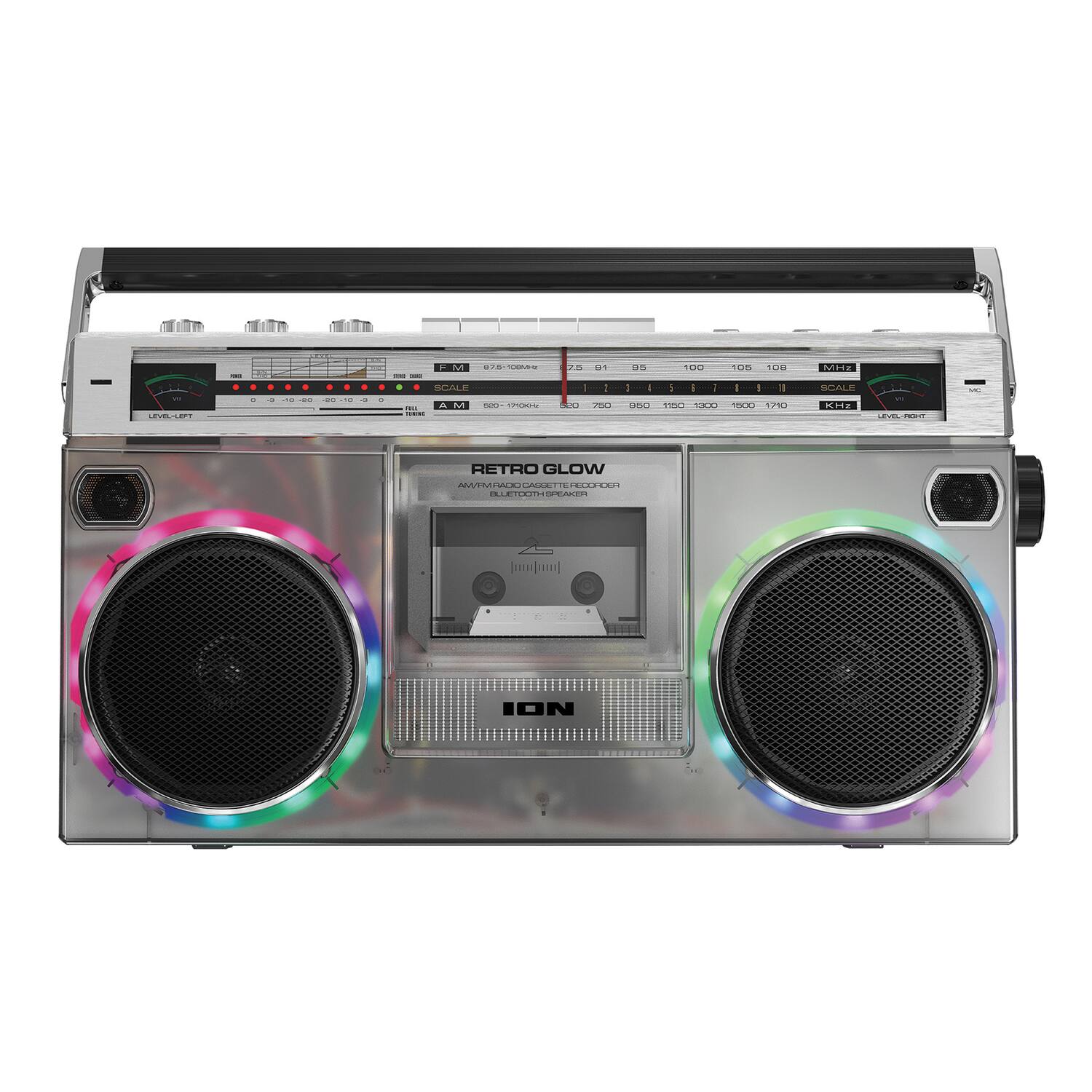 Sure, here is the corrected and grouped text from the image:

---

**RETRO GLOW**

**ANALOG RADIO CASSETTE PLAYER**

**BLUETOOTH SPEAKER**

**ION**

**F M**  
**87.5-108.0 MHz**

**SCALE**  
**A M**  
**880-1710 KHz**

**LEVEL-LEFT**  
**LEVEL-RIGHT**

**VOLUME**

**BASS**

**TREBLE**

**SPEED**  
**30 81 95 100 105 108**

**MHZ**

**KHz**

**ION**

---