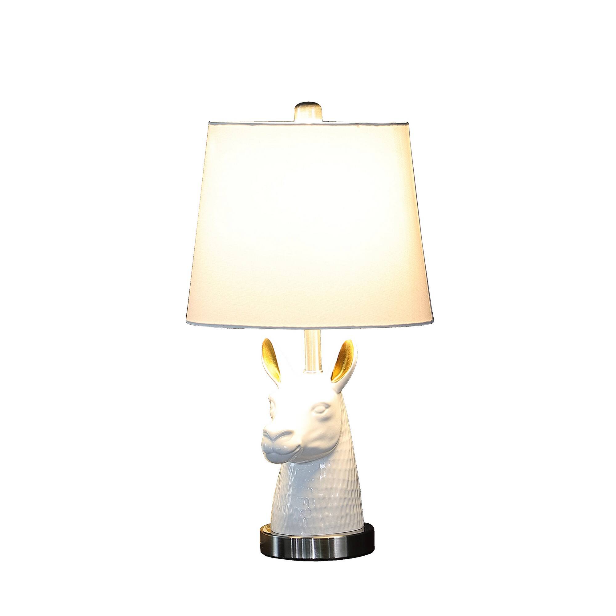 Angle. Manhattan Lane - Metal Table Lamp with Llama Animal Head - White.
