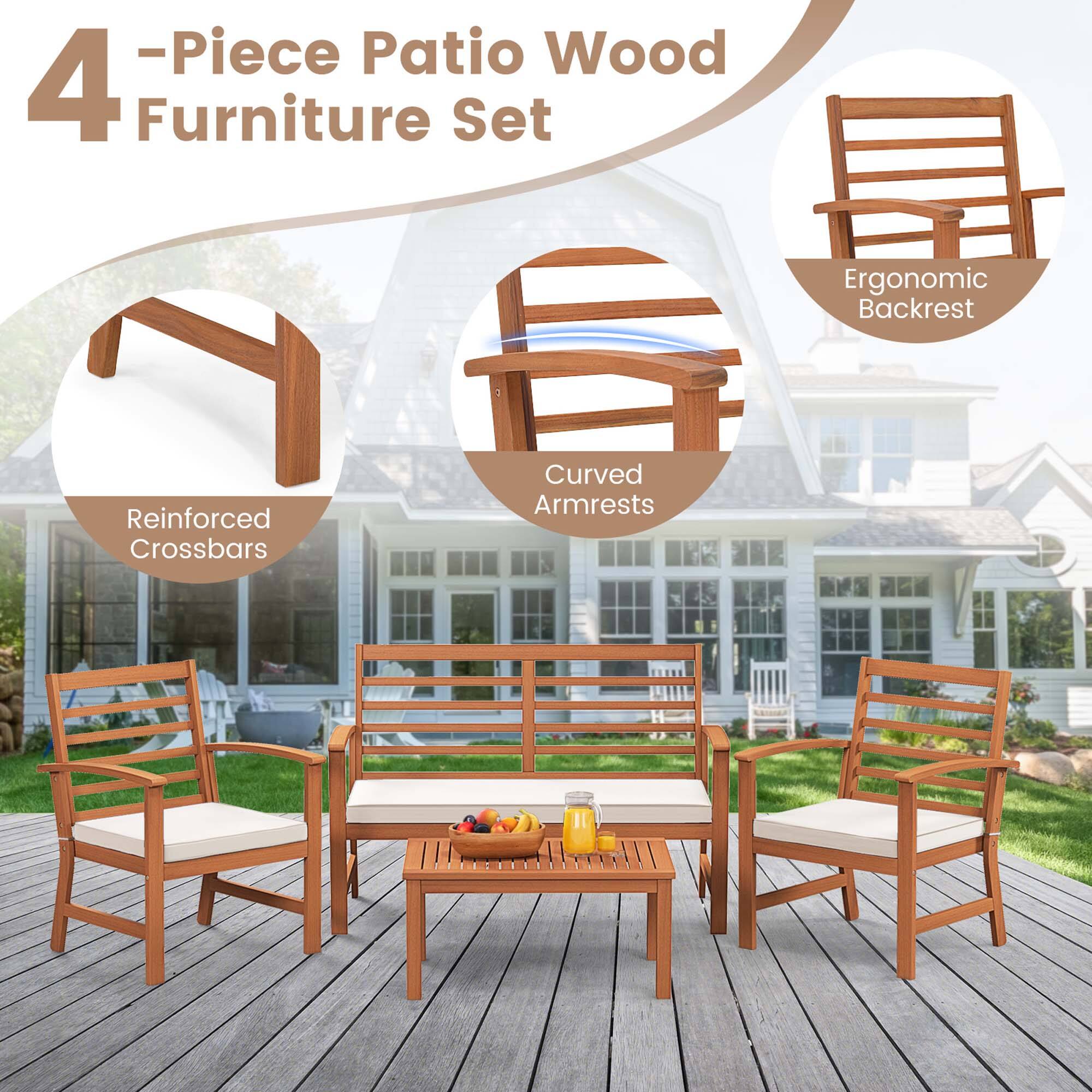 4-Piece Patio Wood Furniture Set

- Reinforced Crossbars
- Curved Armrests
- Ergonomic Backrest