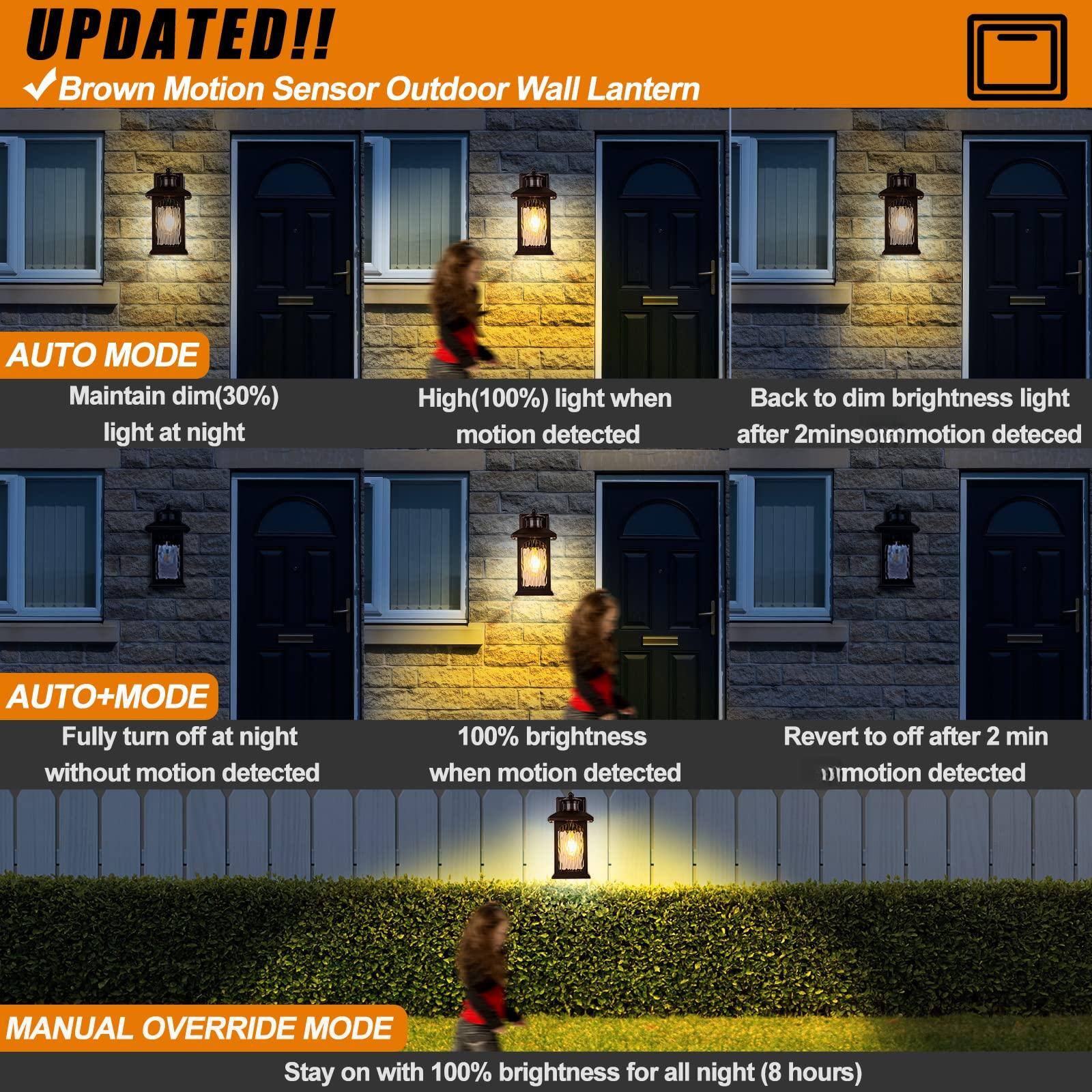 **UPDATED!!**

- **Brown Motion Sensor Outdoor Wall Lantern**

**AUTO MODE**
- Maintain dim(30%) light at night
- High(100%) light when motion detected
- Back to dim brightness light after 2 mins no motion detected

**AUTO+MODE**
- Fully turn off at night without motion detected
- 100% brightness when motion detected
- Revert to off after 2 mins no motion detected

**MANUAL OVERRIDE MODE**
- Stay on with 100% brightness for all night (8 hours)