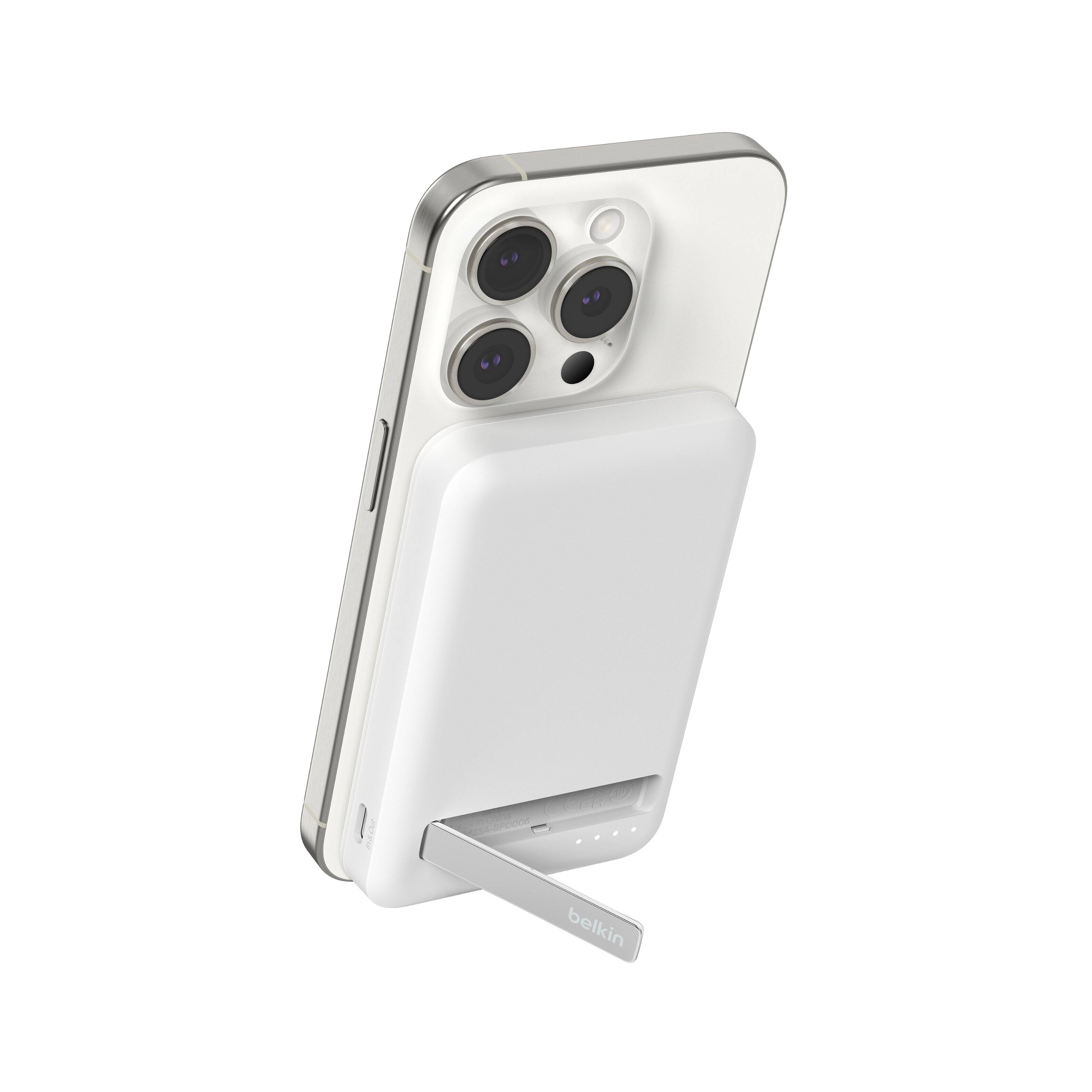 Angle. Belkin - BOOST↑CHARGE Pro Wireless Power Bank 5K w/ Qi2, MagSafe Compatible with Kickstand for iPhone 17, 16, 15, 14, and More - White.