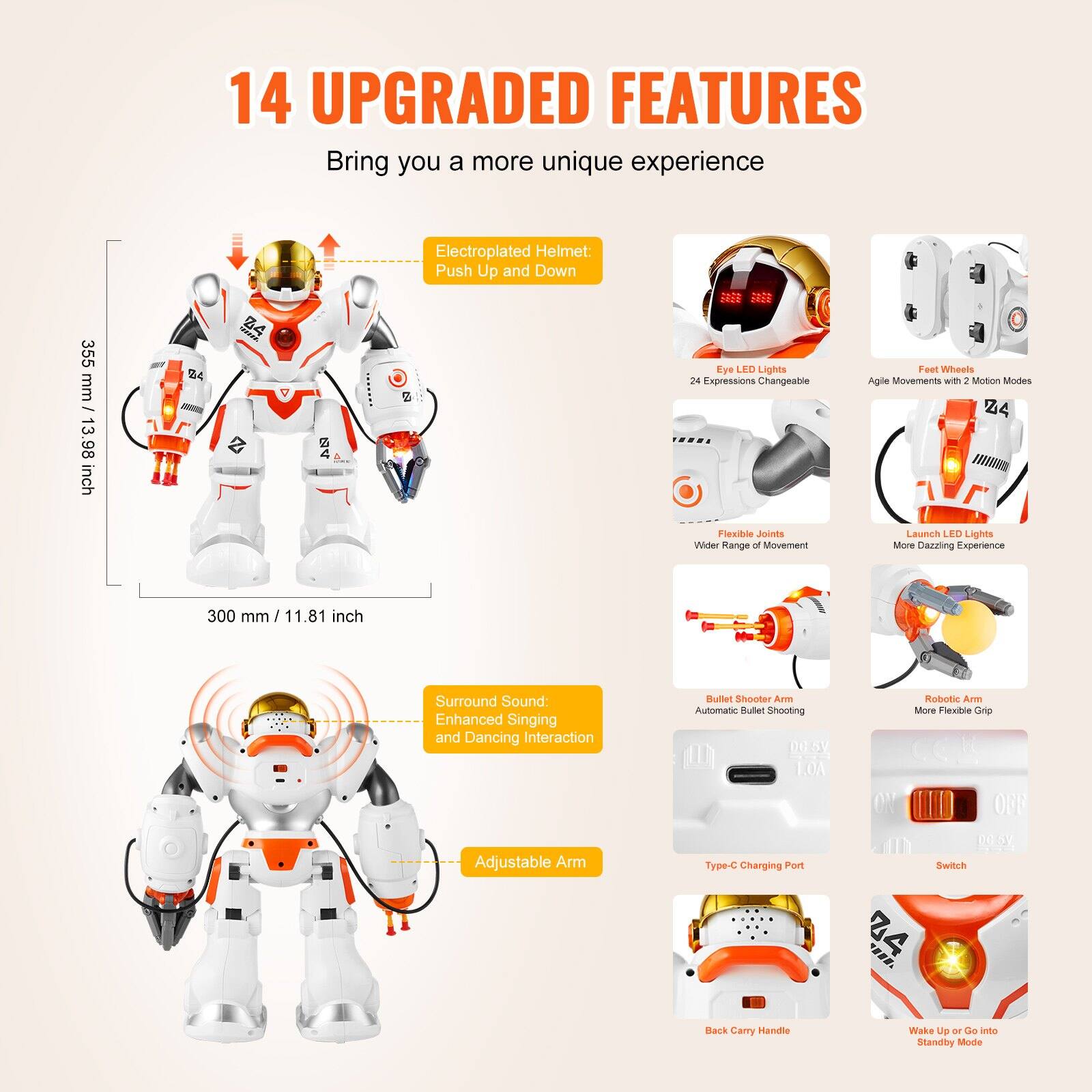 14 UPGRADED FEATURES  
Bring you a more unique experience

- **Electroplated Helmet:** Push Up and Down  
  355 mm / 13.98 inch

- **Eye LED Lights:** 24 Expressions Changeable

- **Feet Wheels:** Agile Movements with 2 Motion Modes

- **Flexible Joints:** Wider Range of Movement

- **Launch LED Lights:** More Dazzling Experience

- **Bullet Shooter Arm:** Automatic Bullet Shooting

- **Robotic Arm:** More Flexible Grip

- **Adjustable Arms**

- **Surround Sound:** Enhanced Singing and Dancing Interaction

- **Type-C Charging Port**

- **Switch**

- **Back Carry Handle**

- **Wake Up or Go into Standby Mode**