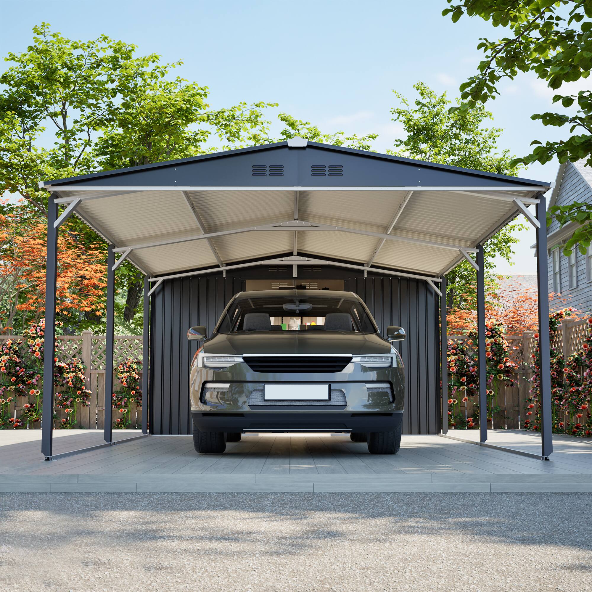 Angle. Anysun - 12x23 FT Metal Carport Storage Shed, Heavy Duty Steel Garage with Sliding Door, UV Panel & Waterproof Sloped Roof - Gray.