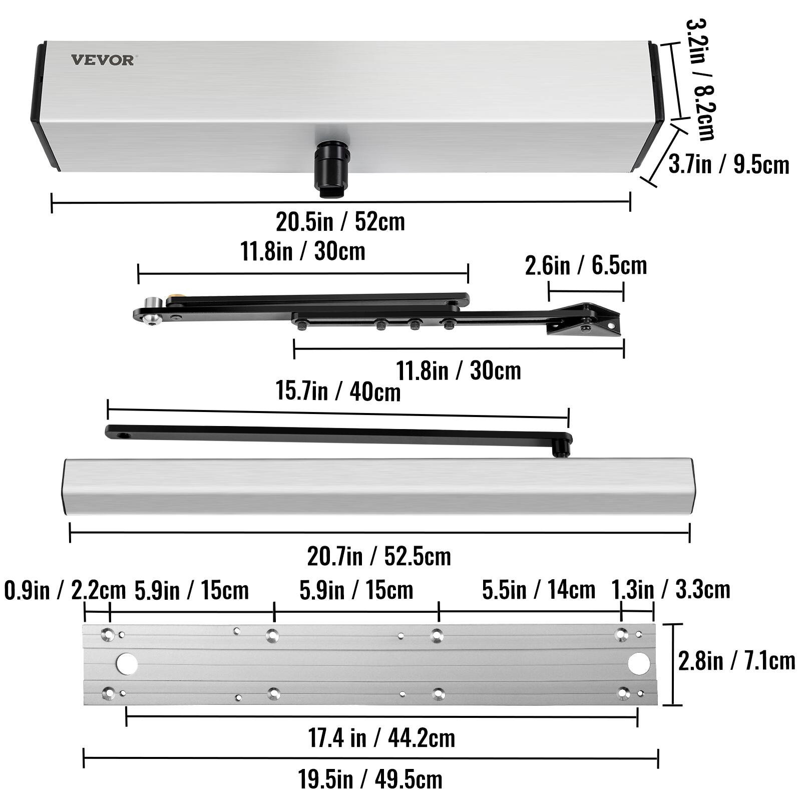 Here is the corrected and grouped text:

- 3.2 in / 8.2 cm
- 3.7 in / 9.5 cm
- 20.5 in / 52 cm
- 1.8 in / 30 cm
- 2.6 in / 6.5 cm
- 11.8 in / 30 cm
- 15.7 in / 40 cm
- 20.7 in / 52.5 cm
- 0.9 in / 2.2 cm
- 5.9 in / 15 cm
- 5.5 in / 14 cm
- 1.3 in / 3.3 cm
- 2.8 in / 7.1 cm
- 17.4 in / 44.2 cm
- 19.5 in / 49.5 cm