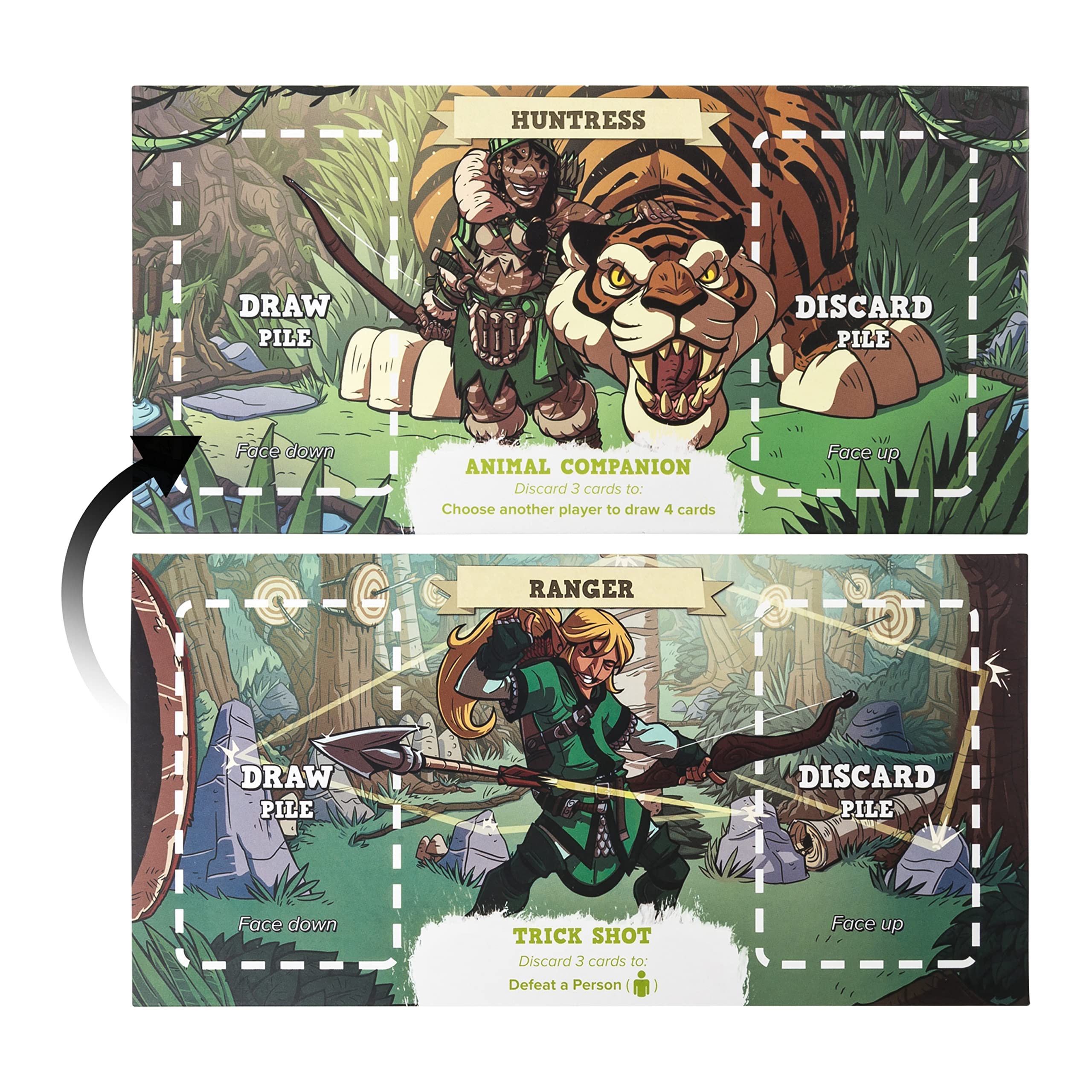 **Huntress**

- **Draw Pile**
- **Discard Pile**
- **Face down**
- **Animal Companion**
  - Discard 3 cards to: Choose another player to draw 4 cards
- **Face up**

**Ranger**

- **Draw Pile**
- **Discard Pile**
- **Face down**
- **Trick Shot**
  - Discard 3 cards to: Defeat a Person
- **Face up**