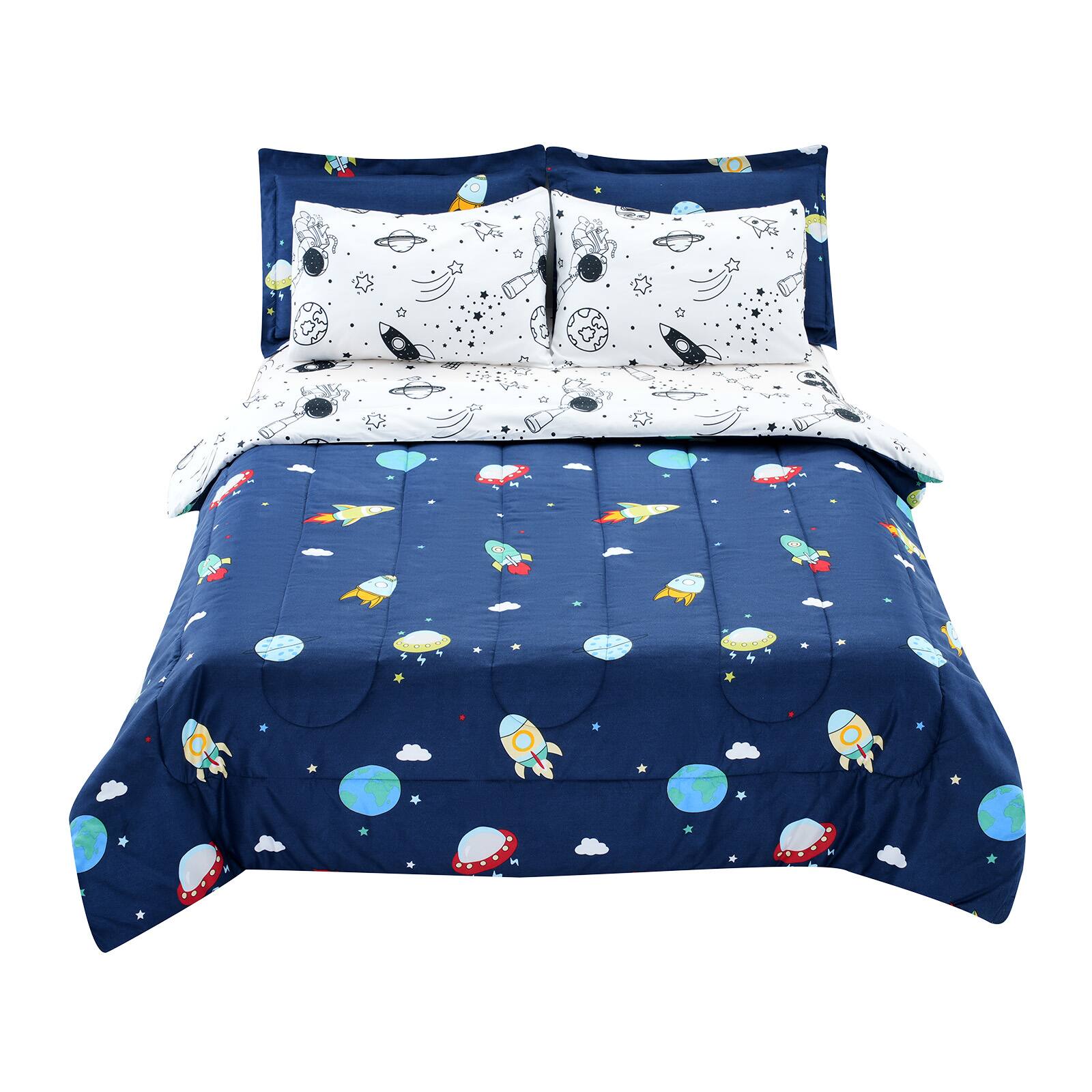 Alt View 5. VEVOR - Kids Comforter Set, 7 Pieces, Twin Bedding Sets with 1 Comforter, 1 Flat Sheet, 1 Fitted Sheet, 4 Pillowcases - Deep Blue + White + Cartoon Space Elements Print.