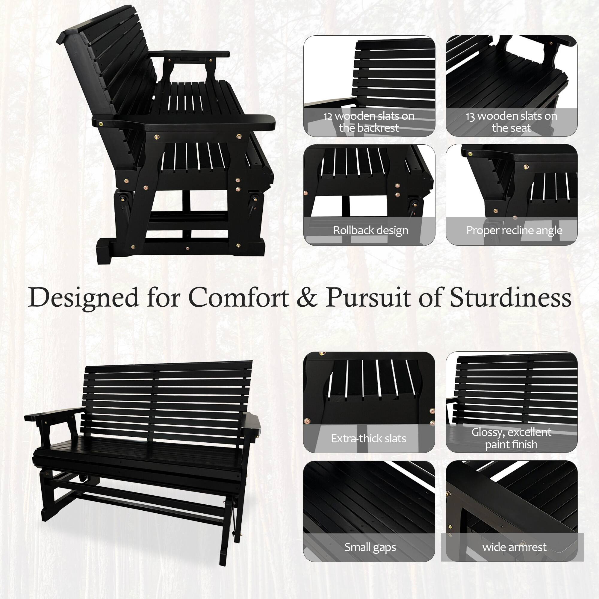 12 wooden slats on the backrest  
13 wooden slats on the seat  
Rollback design  
Proper recline angle  
Designed for Comfort & Pursuit of Sturdiness  
Extra-thick slats  
Glossy, excellent paint finish  
Small gaps  
Wide armrest