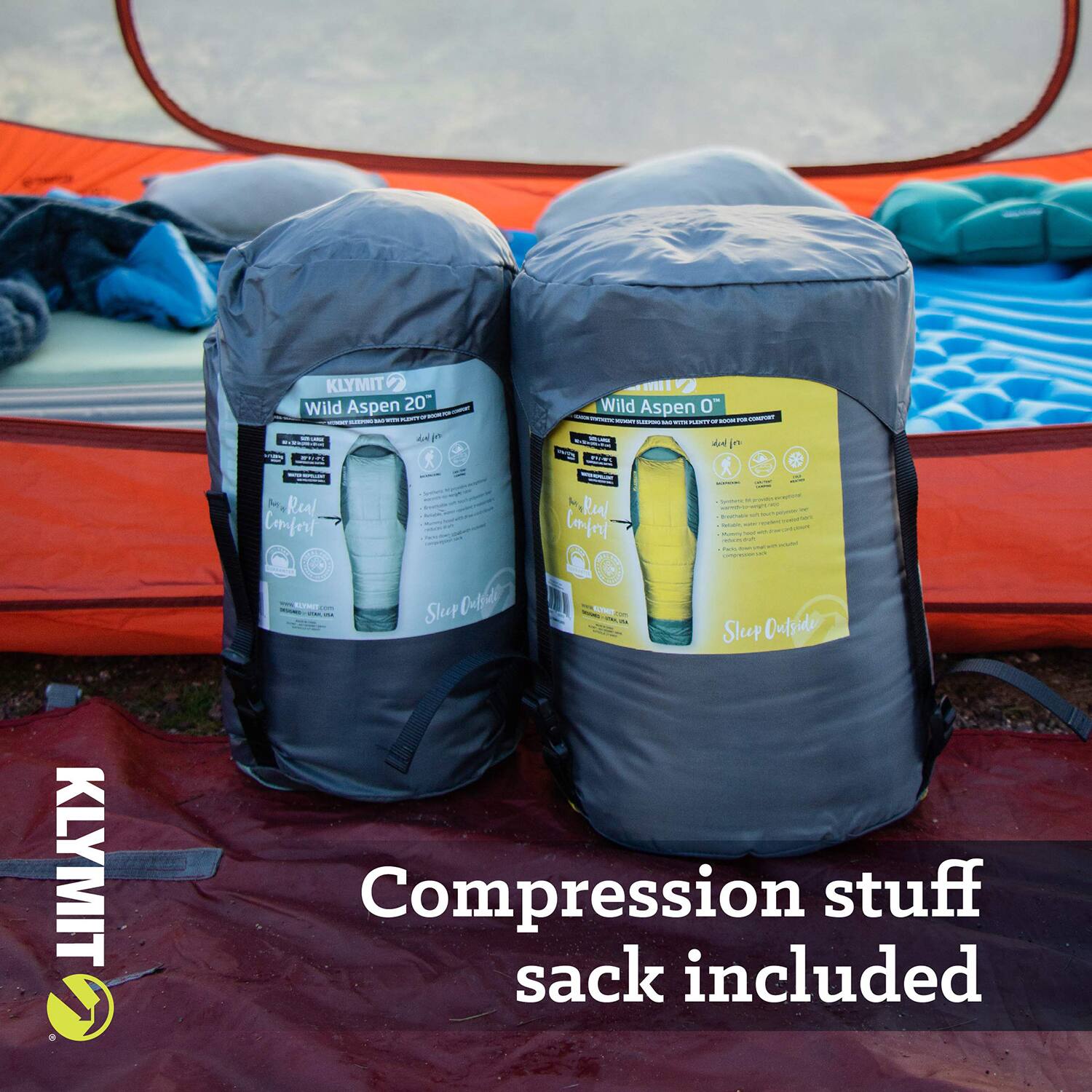 KLYMIT Wild Aspen 20°  
Wild Aspen 0°  
Real Comfort  
Sleep Outside  
Compression stuff sack included
