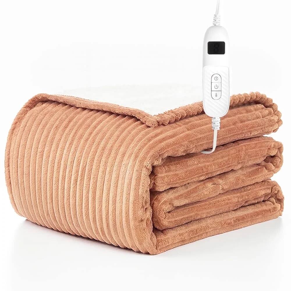 Angle. MOVSSOU - Electric Blanket Full Size 72" x 84" Flannel Heating Blanket Brown Auto Shut-Off Over Heat Protection - Brown.