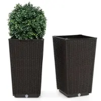 Costway - 23" Tall Planters Set of 2 Rattan Wicker Plant Pot Self-watering Tree Pot - Brown - Front_Zoom