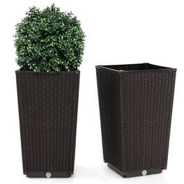Costway - 23" Tall Planters Set of 2 Rattan Wicker Plant Pot Self-watering Tree Pot - Brown
