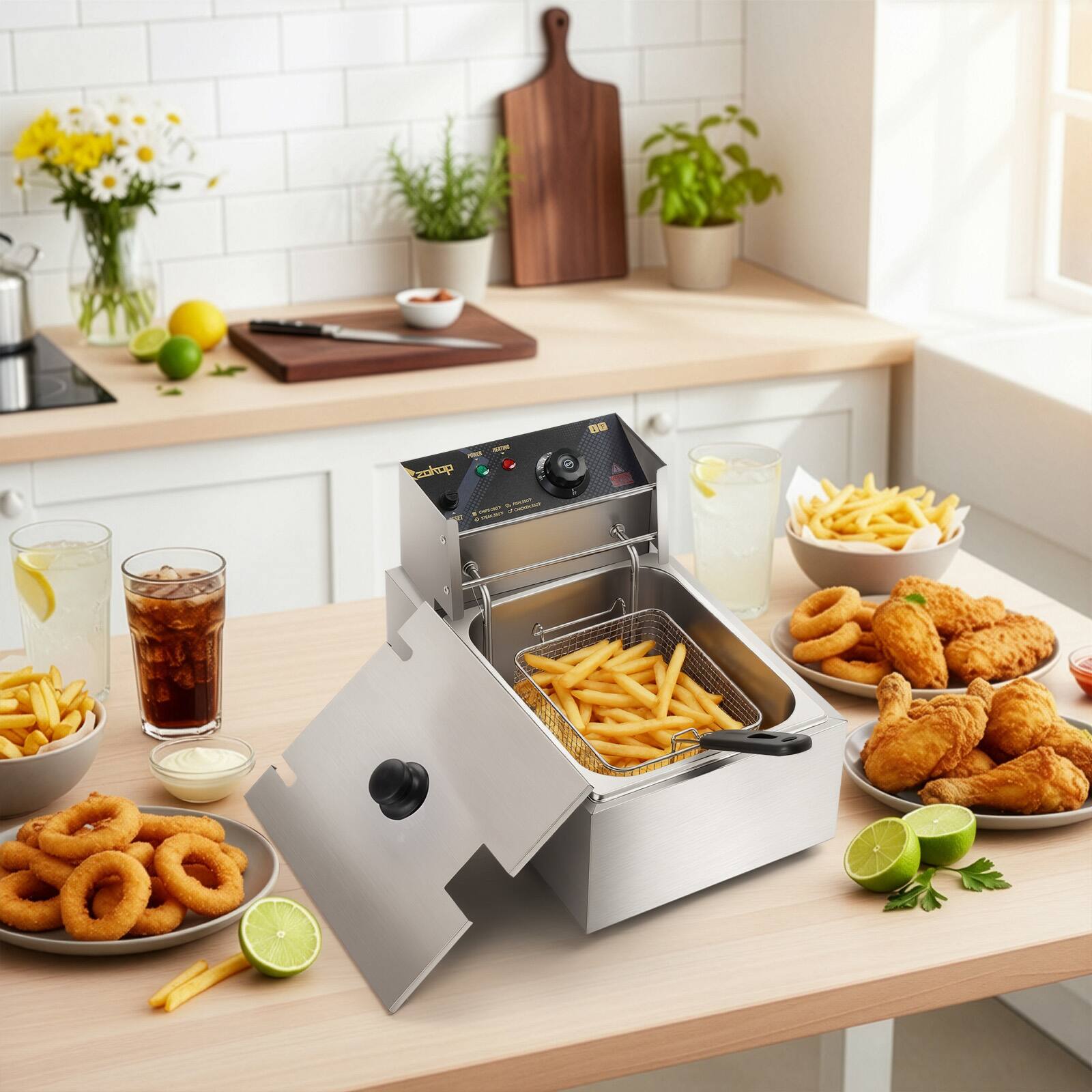 Alt View 9. Winado - 11.4QT Electric Deep Fryer with Basket & Lid, 1700W Commercial Deep Fryer Stainless Steel French Fryer W/6.3QT/6LTank - Silver.