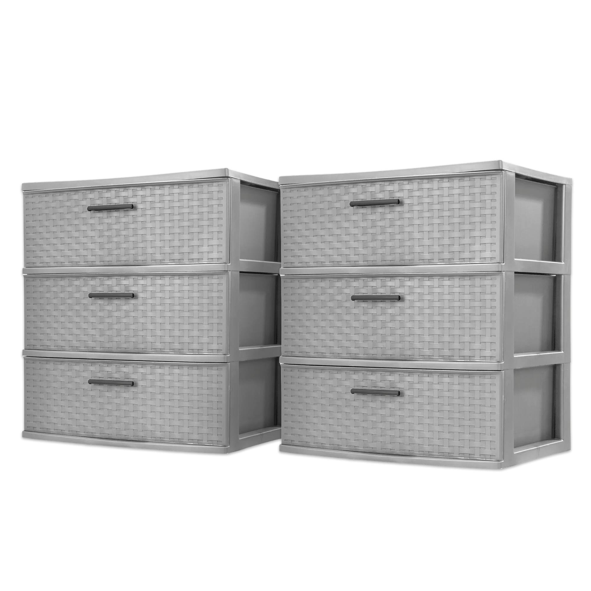 Front. Sterilite - Sterilite 3 Drawer Wide Storage Tower, Plastic Weave Organizer, Cement, 2 Pack.